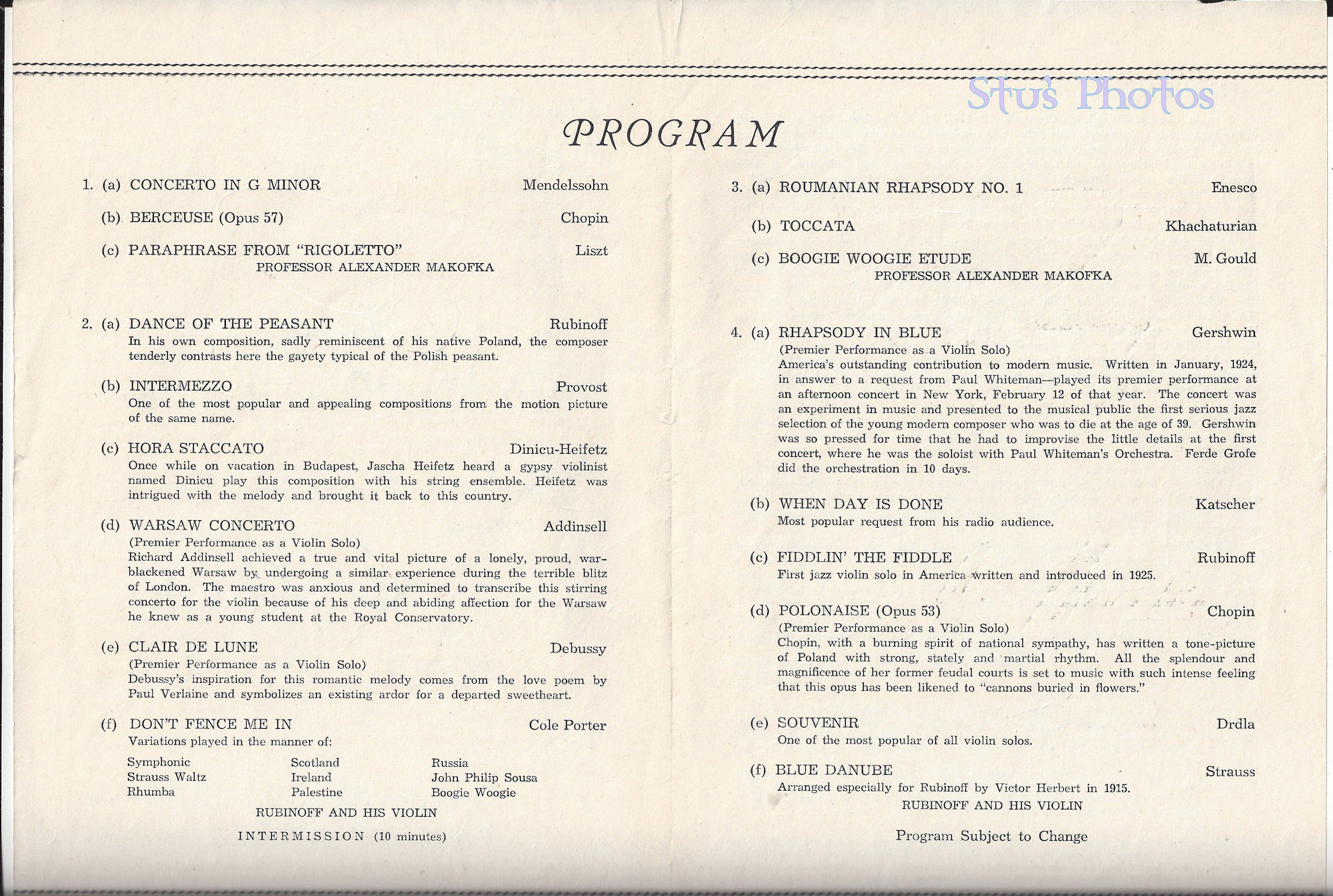 1953 Concert Program Crookston MN Autographed
                Rubinoff and his Violin & Makofka Alexander Pianist