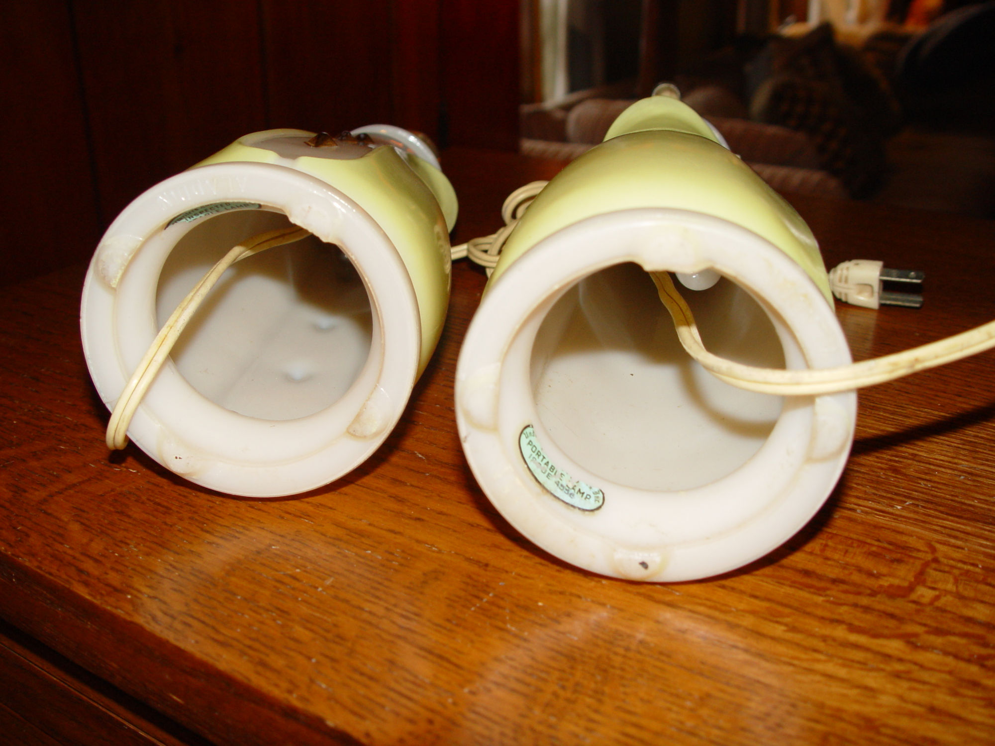 1930s, 40s Aladdin Alacite Chartreuse and
                      Ivory Boudoir table lamps