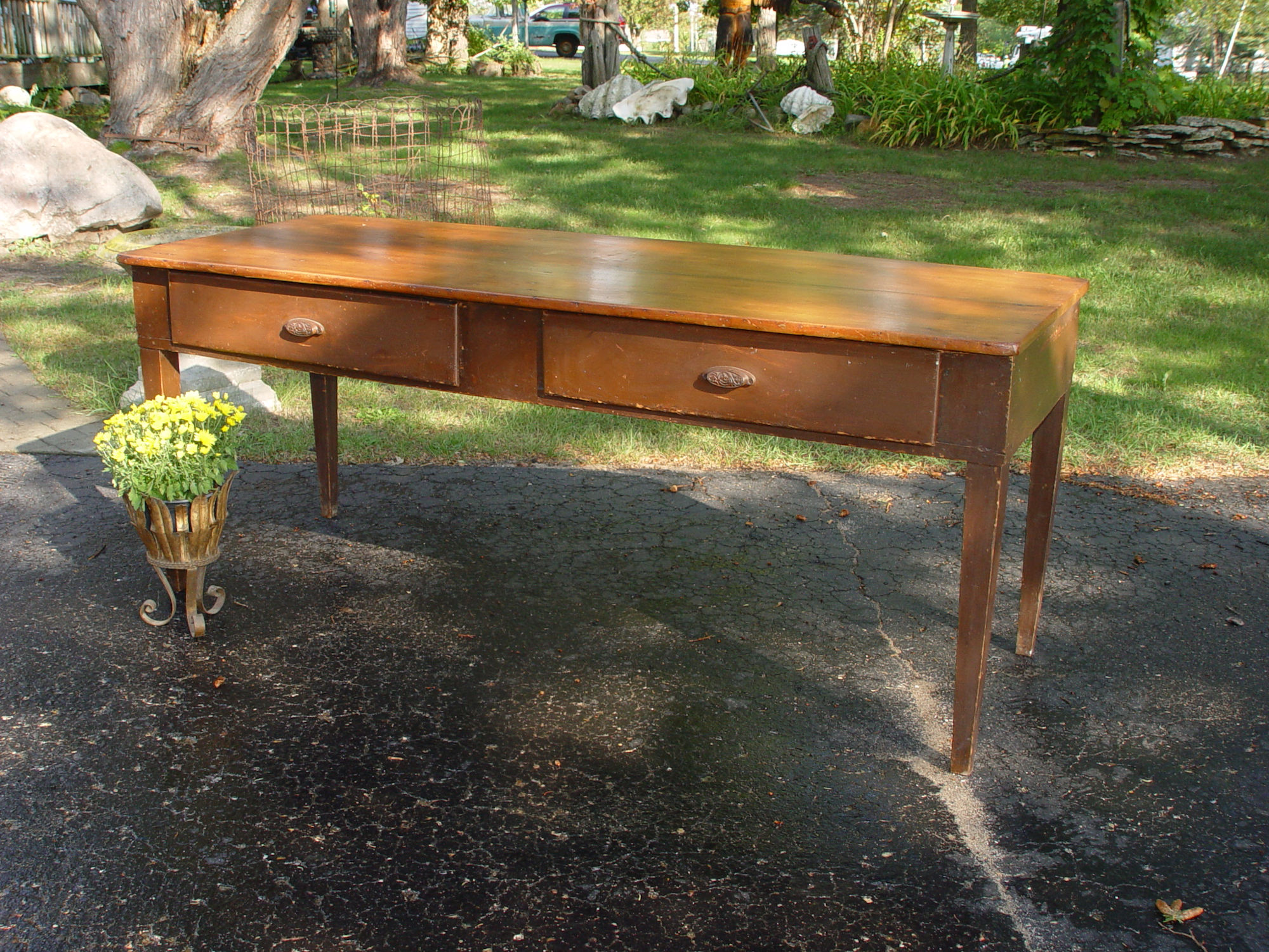 19th c Pine and old paint
Harvest table with 2 deep
drawers