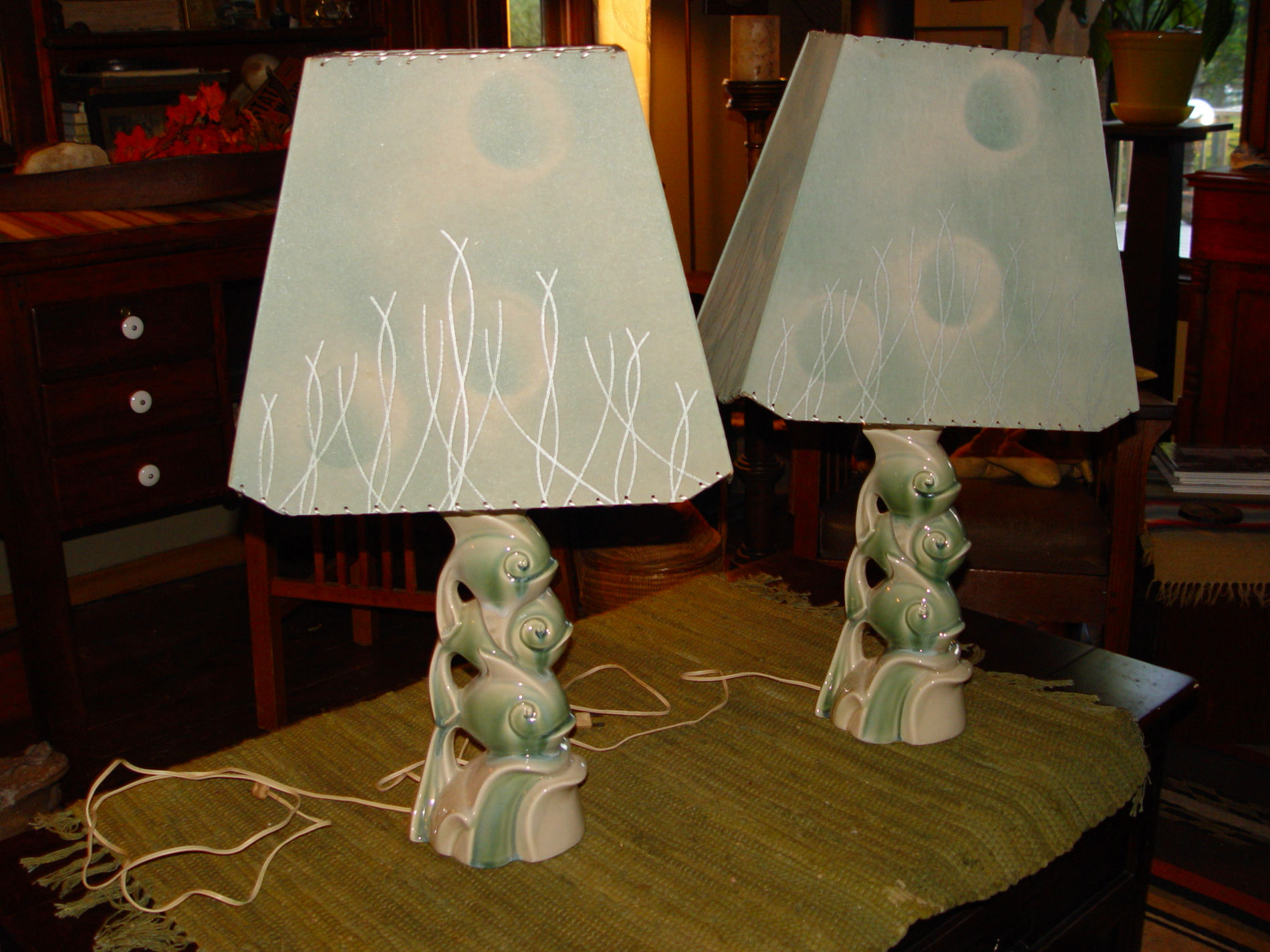 Rare Mid Century Pair of
Stacked Fish Pottery Lamps; Drip
Glaze, Orig. Shades