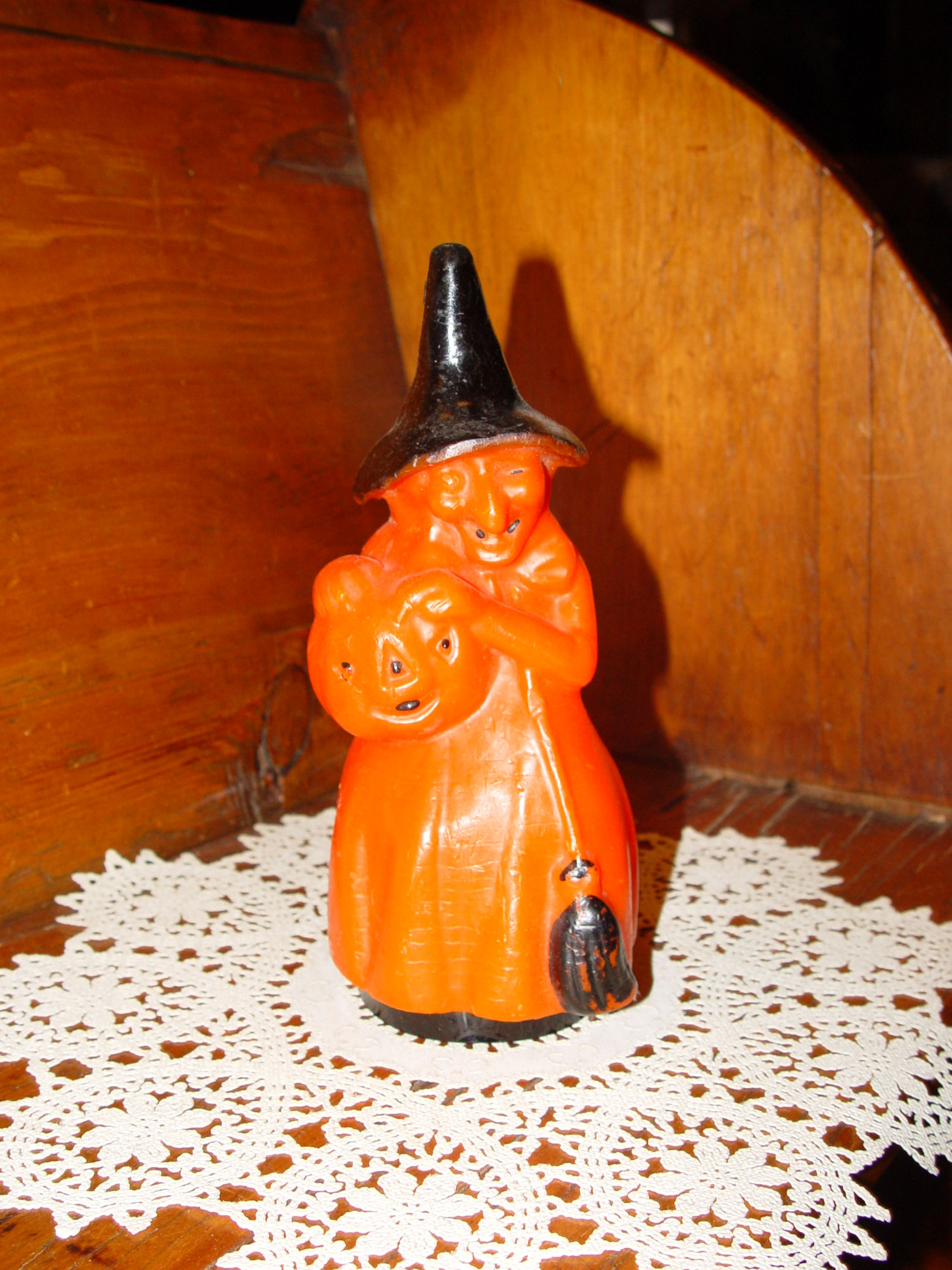 1960s Halloween Winking
Witch Fanny Farmer wax candy
container, Pumpkin & Broom