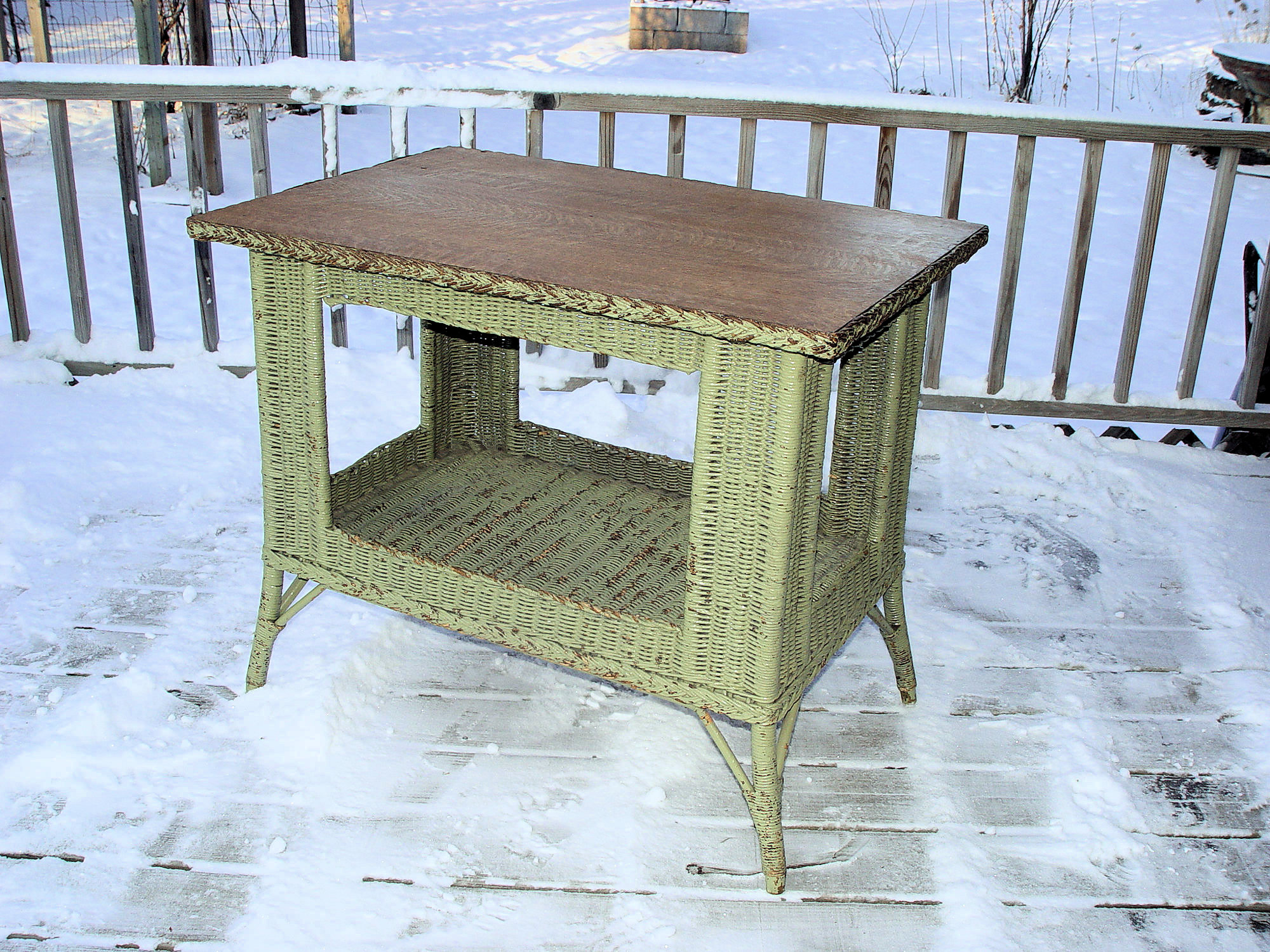 Antique
                        Oak Topped Wicker Table, Old Green Painted
                        Surface