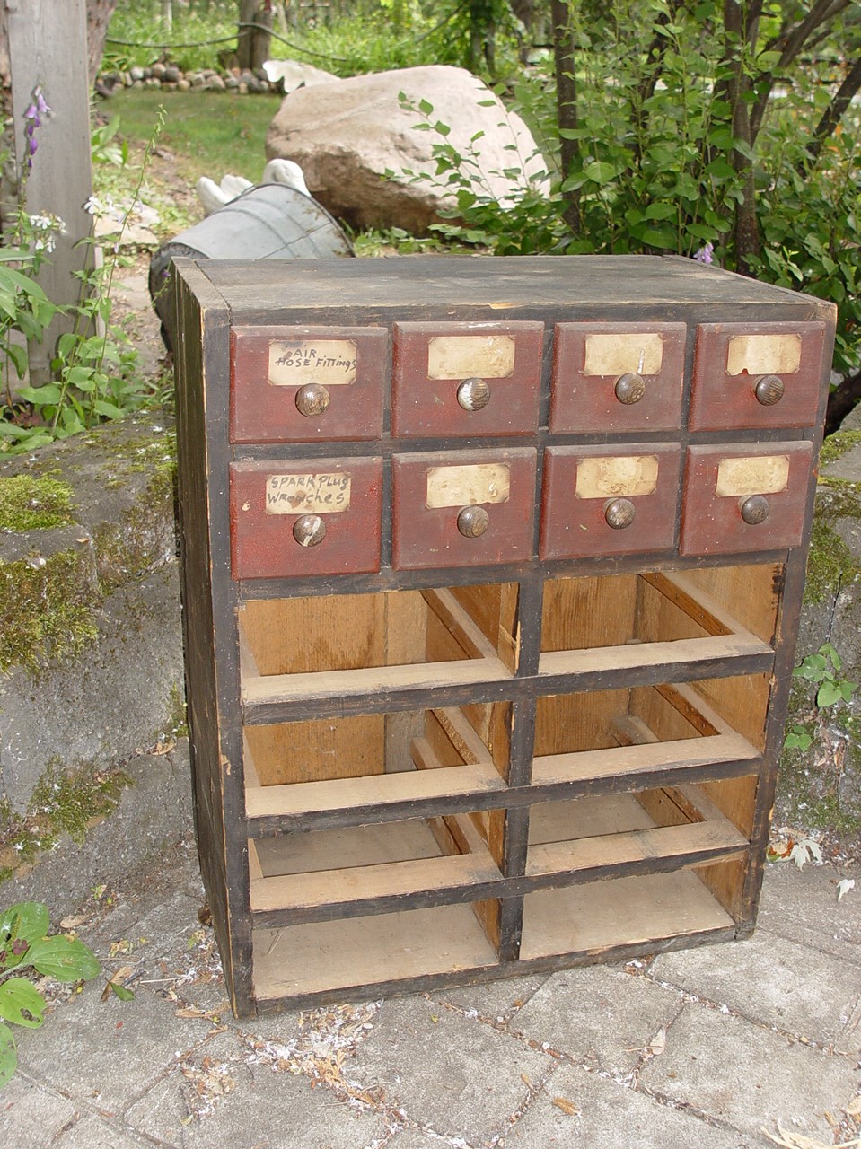 Primitive
                        Early Red Painted 8 Drawer Apothecary Store
                        Cabinet