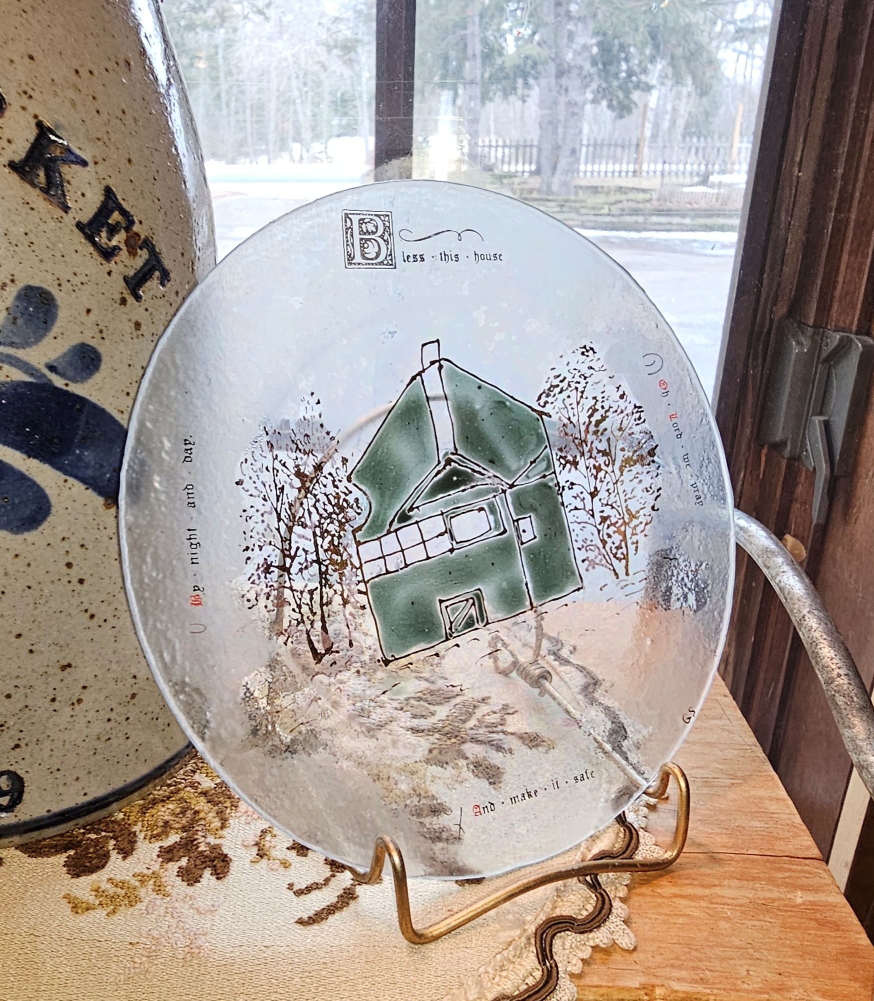 Vintage Hand Painted Signed Signed Iridescent
                Plate; Bless This House