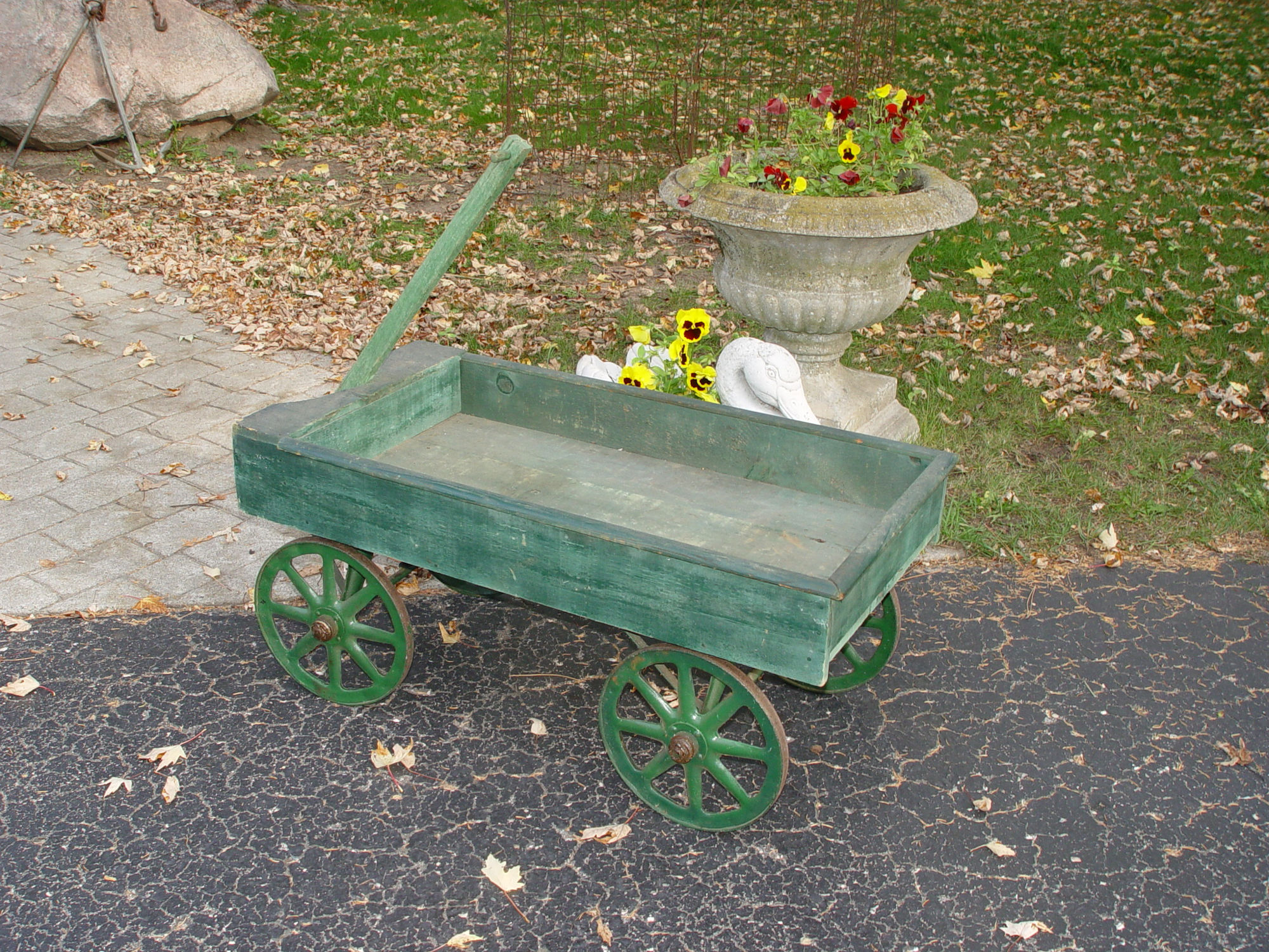 Child's
                                        Early Wooden Wagon, Steel Spoke
                                        Wheels, Old Green Paint,
                                        36.5" Long