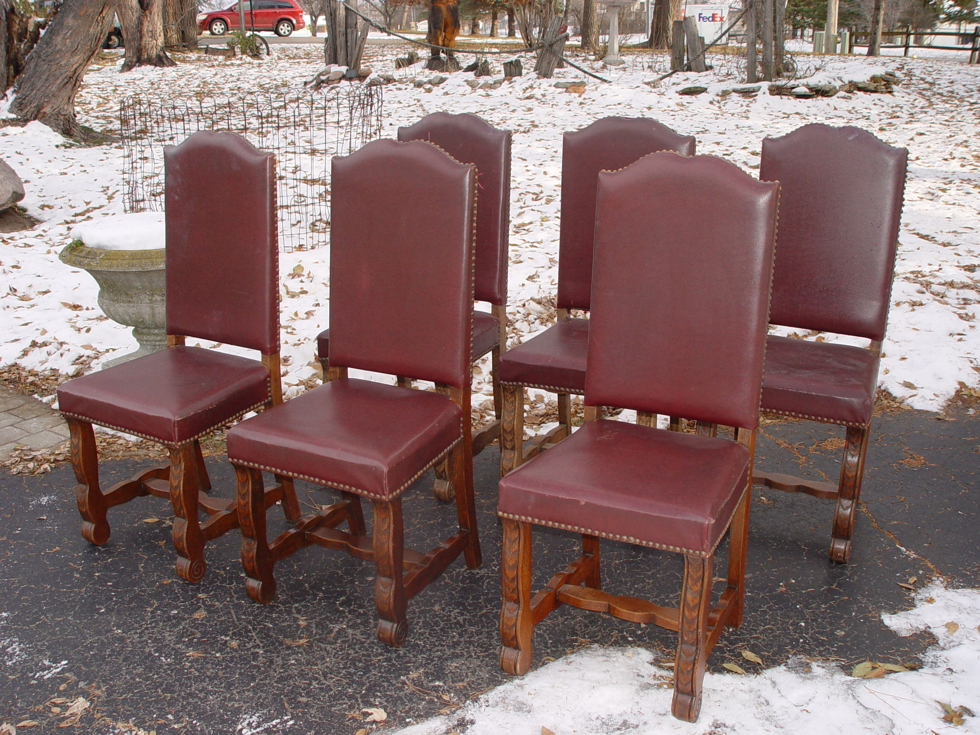 Six Spanish
                        Revival Studded Colonial Styled Dining Chairs
