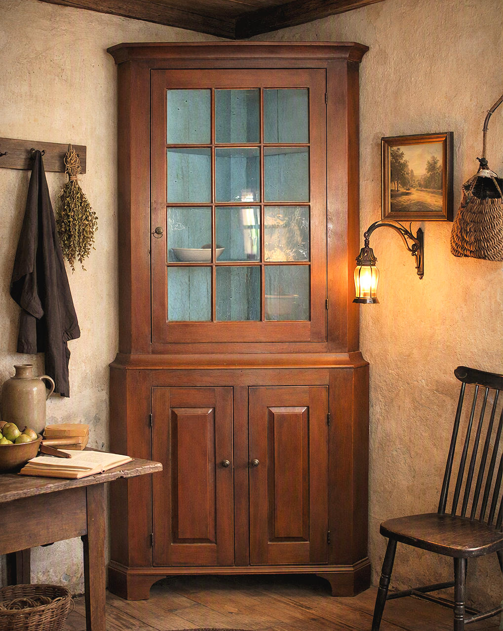 19th‑century Twelve‑pane Glass Colonial Farmhouse
Corner Cabinet - Blue Interior