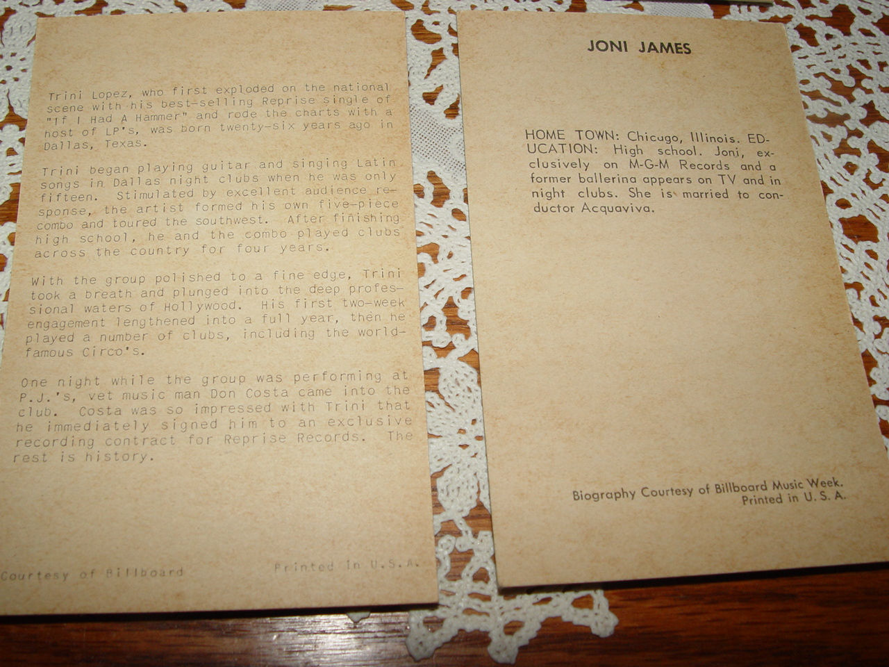 Billboard Music Biography Postcards; Gogi Grant,
                Marianne Faithfull, Trini Lopez, and Joni James