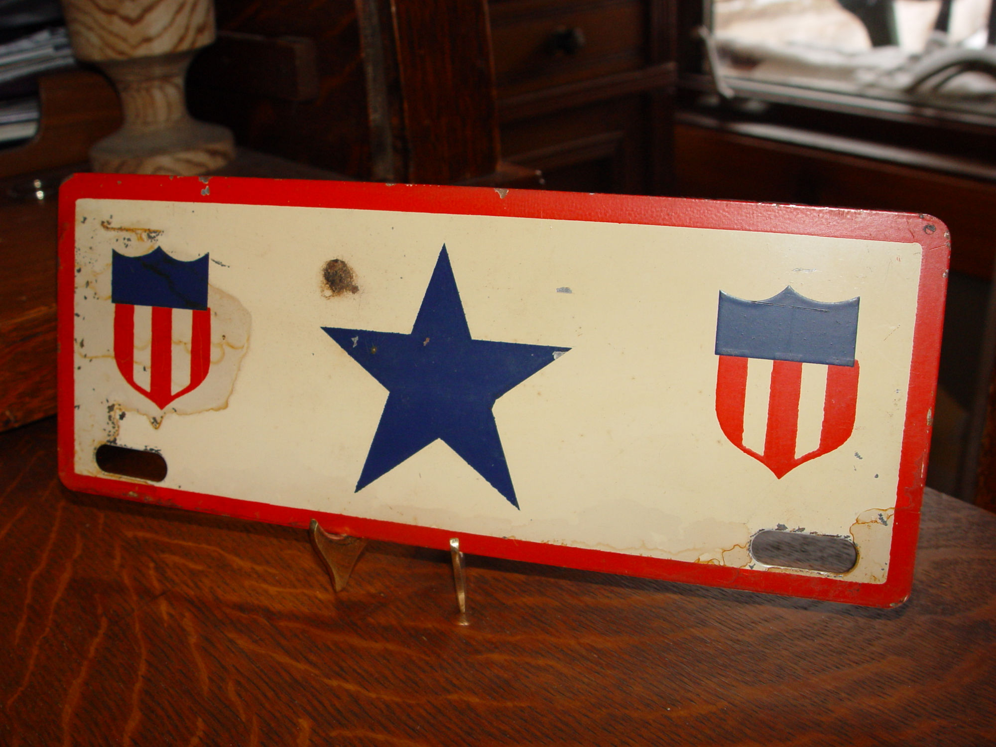 WWII Rare
                                Military Patriotic Shield, Blue Star
                                License Plate Topper