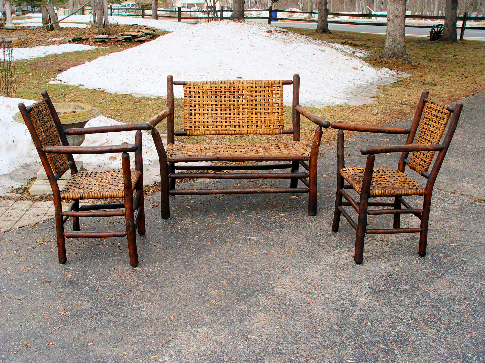 1930s Old Hickory Signed 3
                                        pc. set; Settee, Armchairs