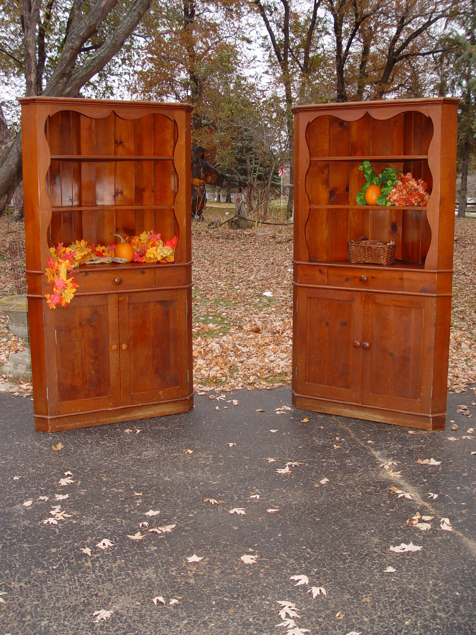 Country
                        Pine Corner Cabinet Pair, Hand Made 1930s - 40s