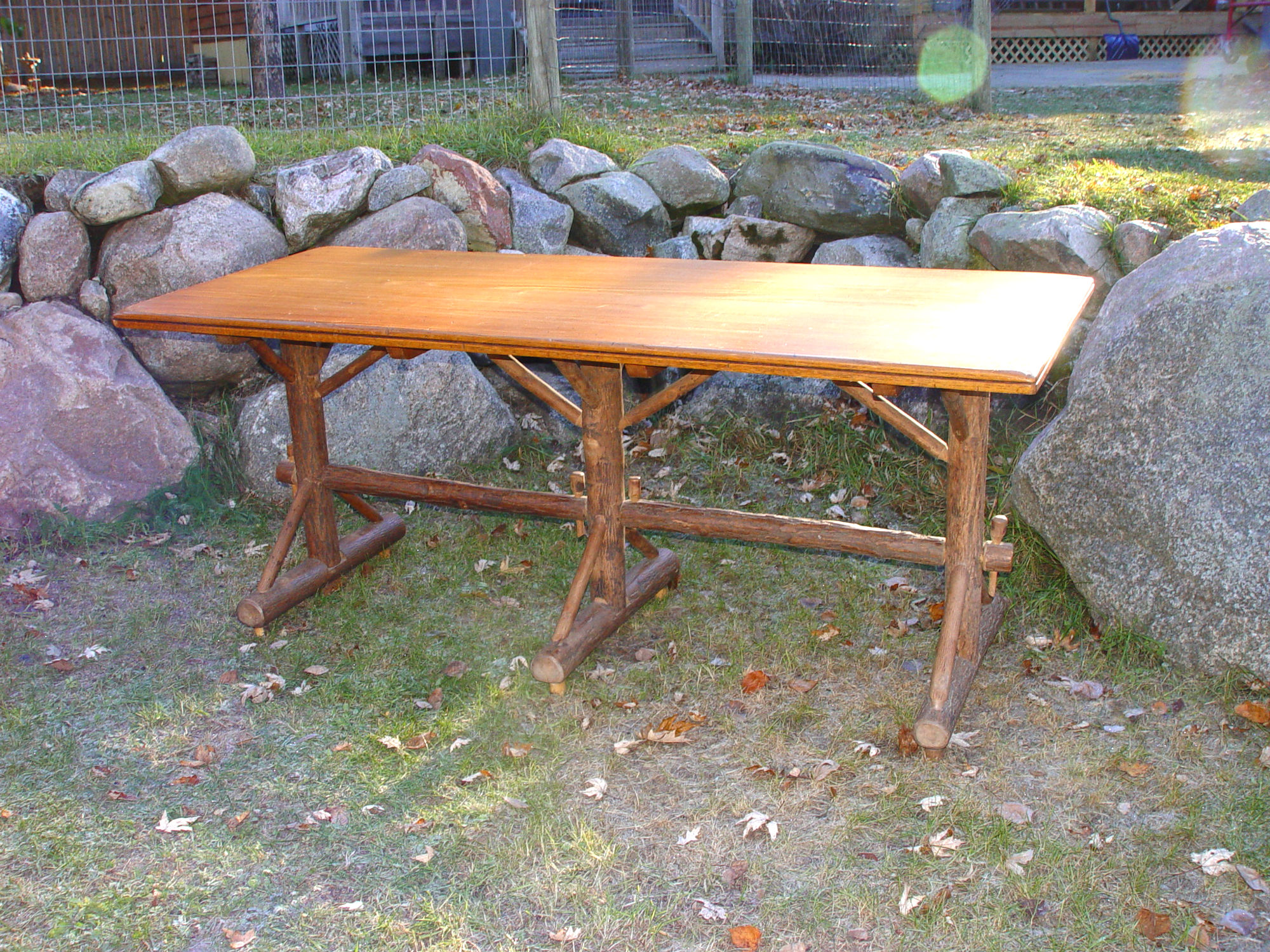 Old Hickory
                        Rustic Trestle Table, circa 1930s w/ Bruce Tag