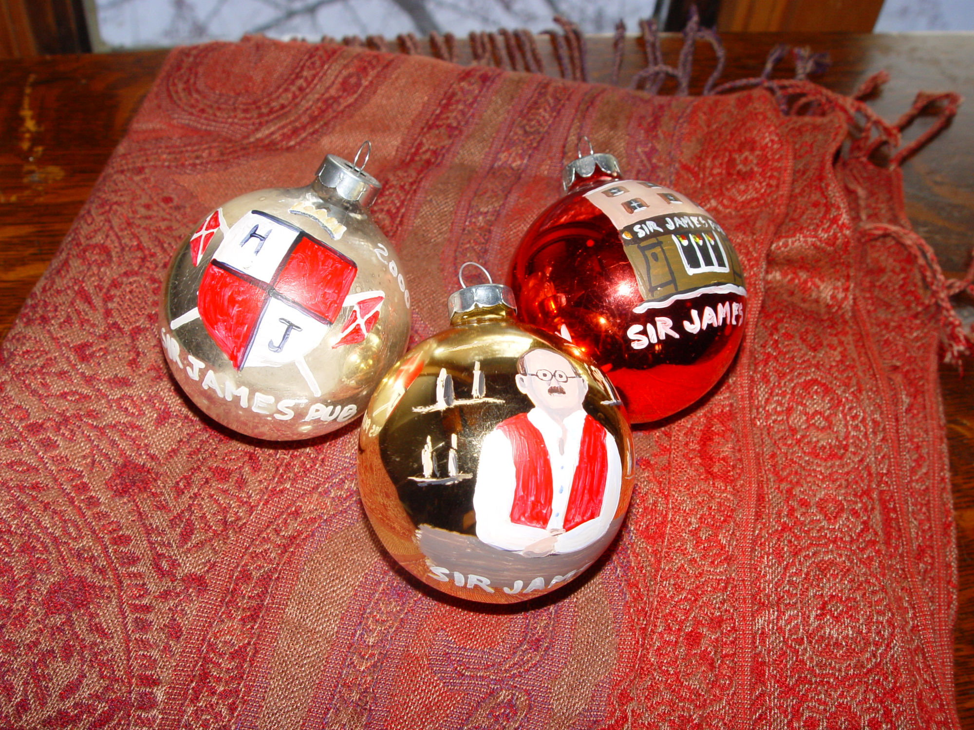 Christmas Signed Hand
                                        Painted Ornaments; Sir James Pub
                                        Port Washington Wisc