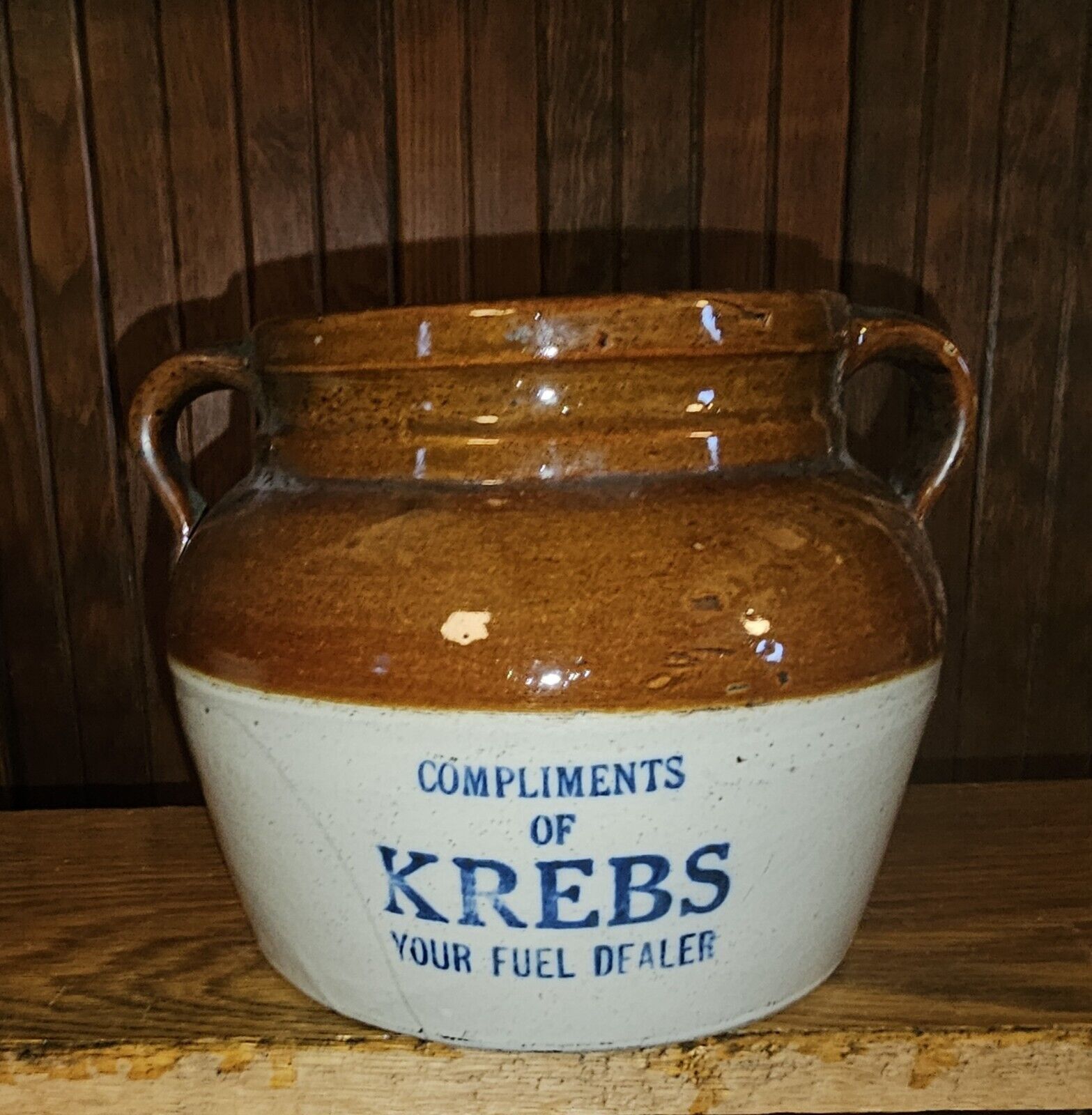 Advertising Stoneware Bean
                                        Pot Crock 2 Handle, Krebs
                                        Bemidji