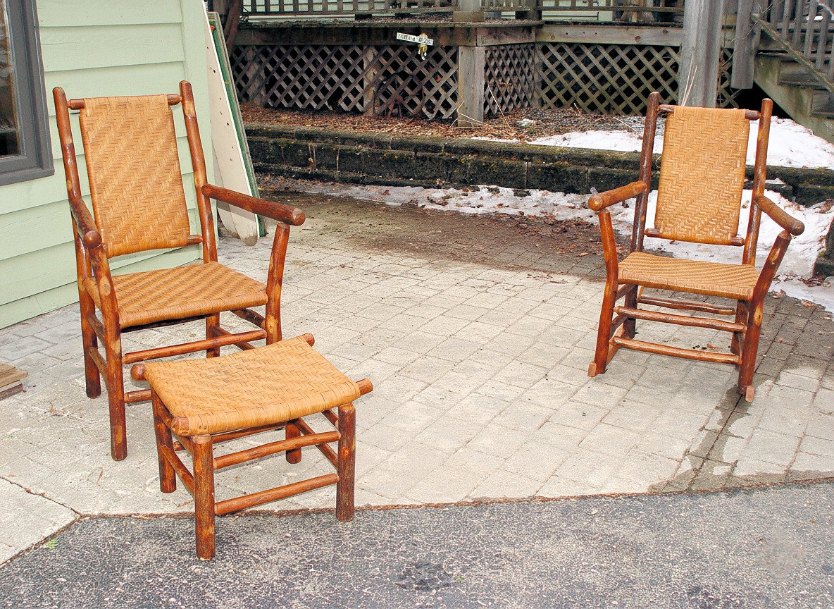 4 pc. Set
                        Orig. Martinsville Old Hickory Arm Chairs,
                        Footstool, Occasional Table