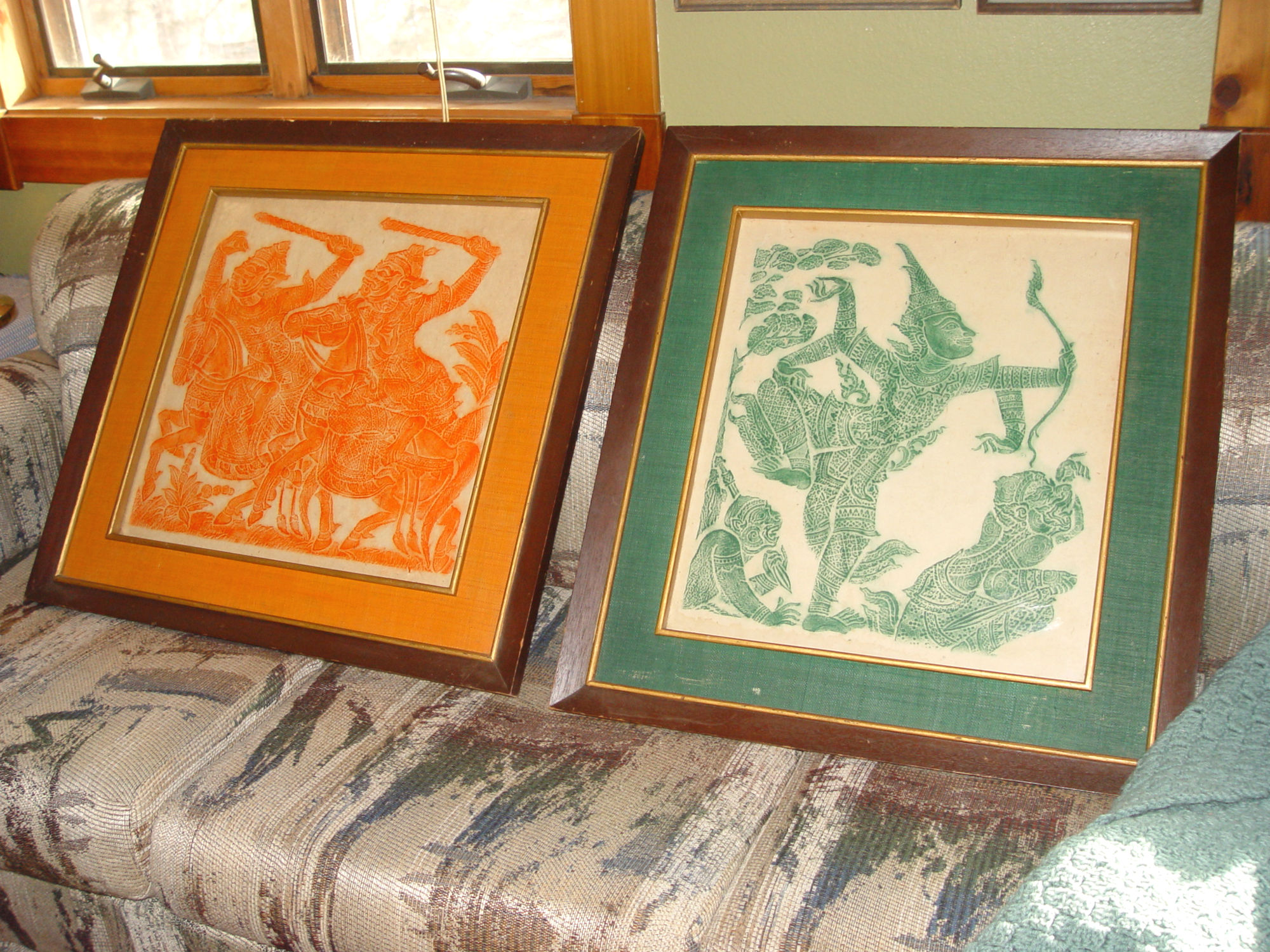 Two MCM Asian Thai, Hmong framed temple rubbings
                original works, Ramayana epic.
