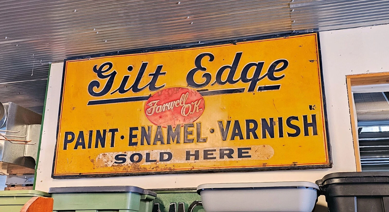 Early Hard
                        to Find Large Gilt Edge Farwell O.K. Advertising
                        Tin Paint Sign 1940s