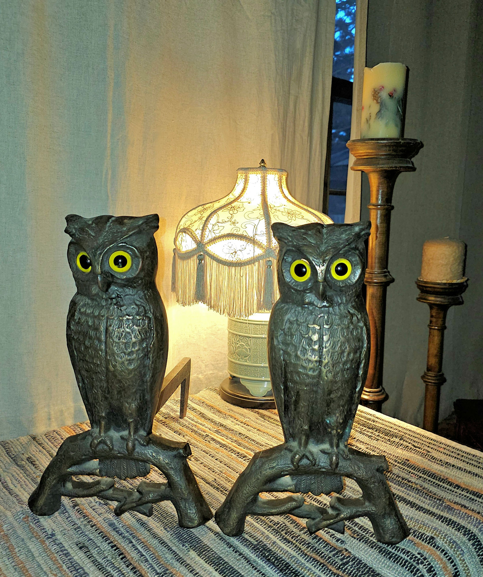 Antique
                        Foundry Owl Figural Cast Iron Andirons Glass
                        Amber Eyes c. 1900 (Halloween)