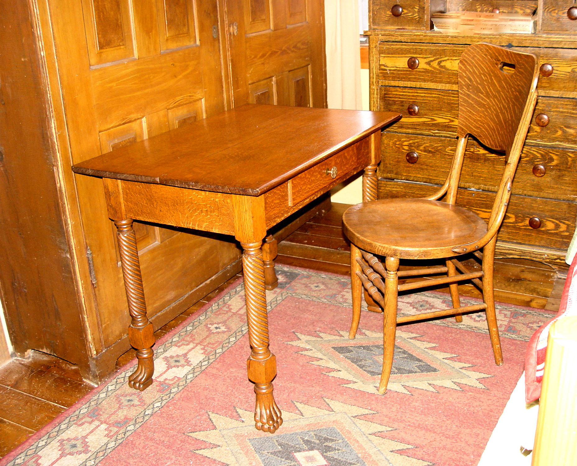 Late 19th
                        c. Tiger Oak Claw Foot Barley Twist Desk Table
                        & Chair Set