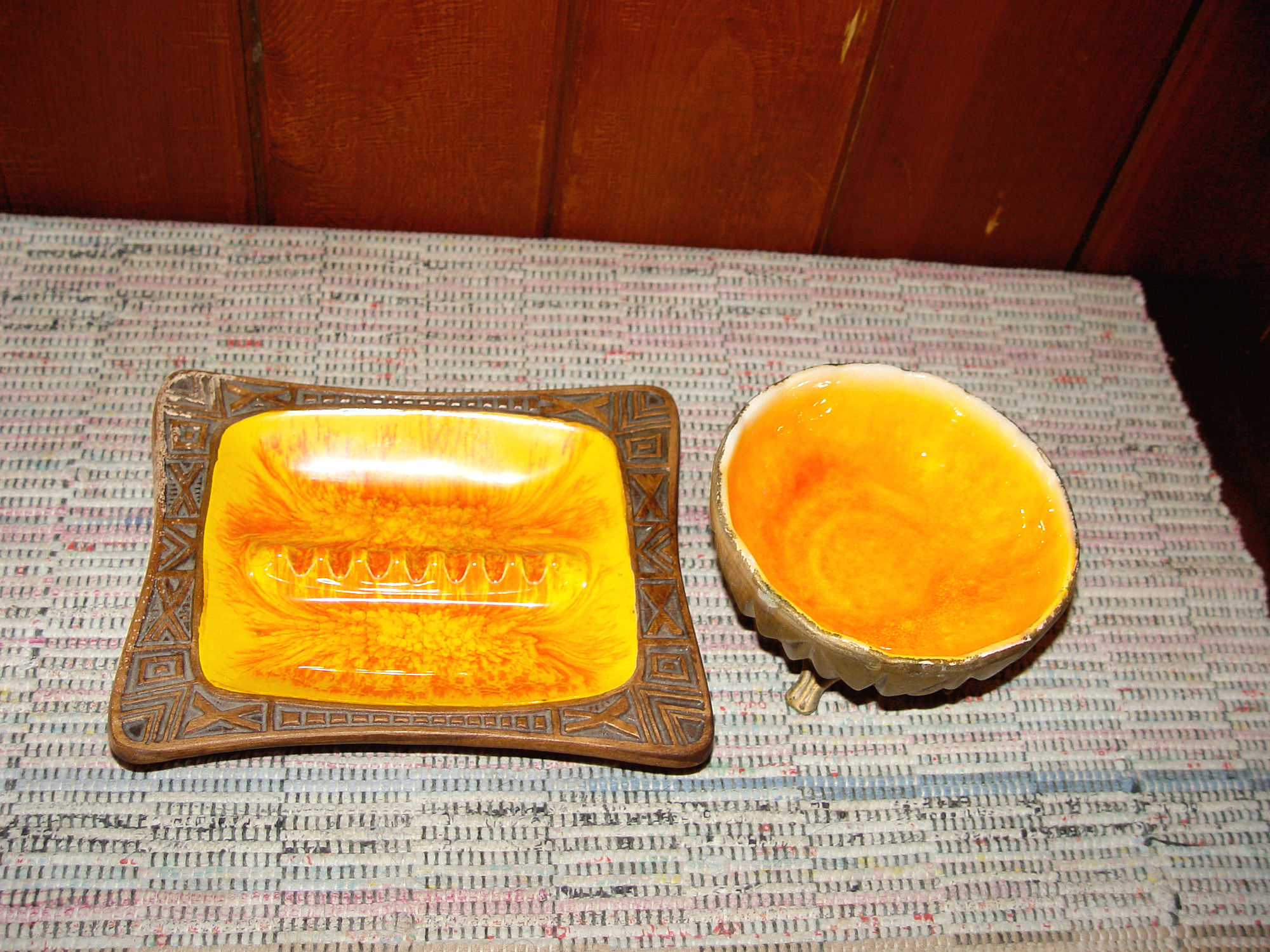 Mid-Century
                                        Vibrant Oranges Treasure Craft
                                        of Hawaii Ashtray & Calif.
                                        Pottery Dish