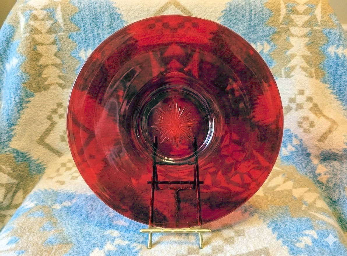 Mid‑Century Ruby Red
                                        Pressed Glass Serving Plate/Bowl
                                        with Starburst Center