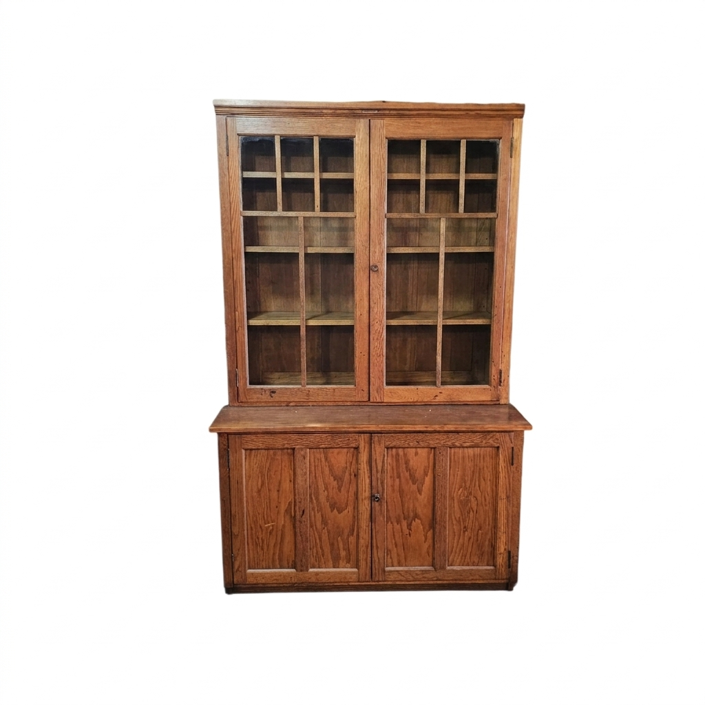 Antique Oak Cupboard with Mullioned Glass Doors