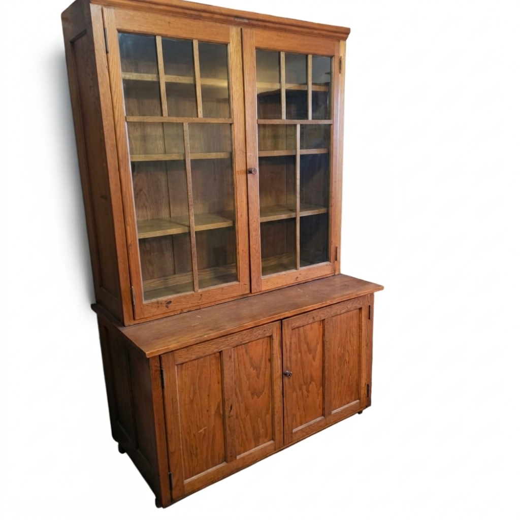 Antique Oak Cupboard with Mullioned Glass Doors