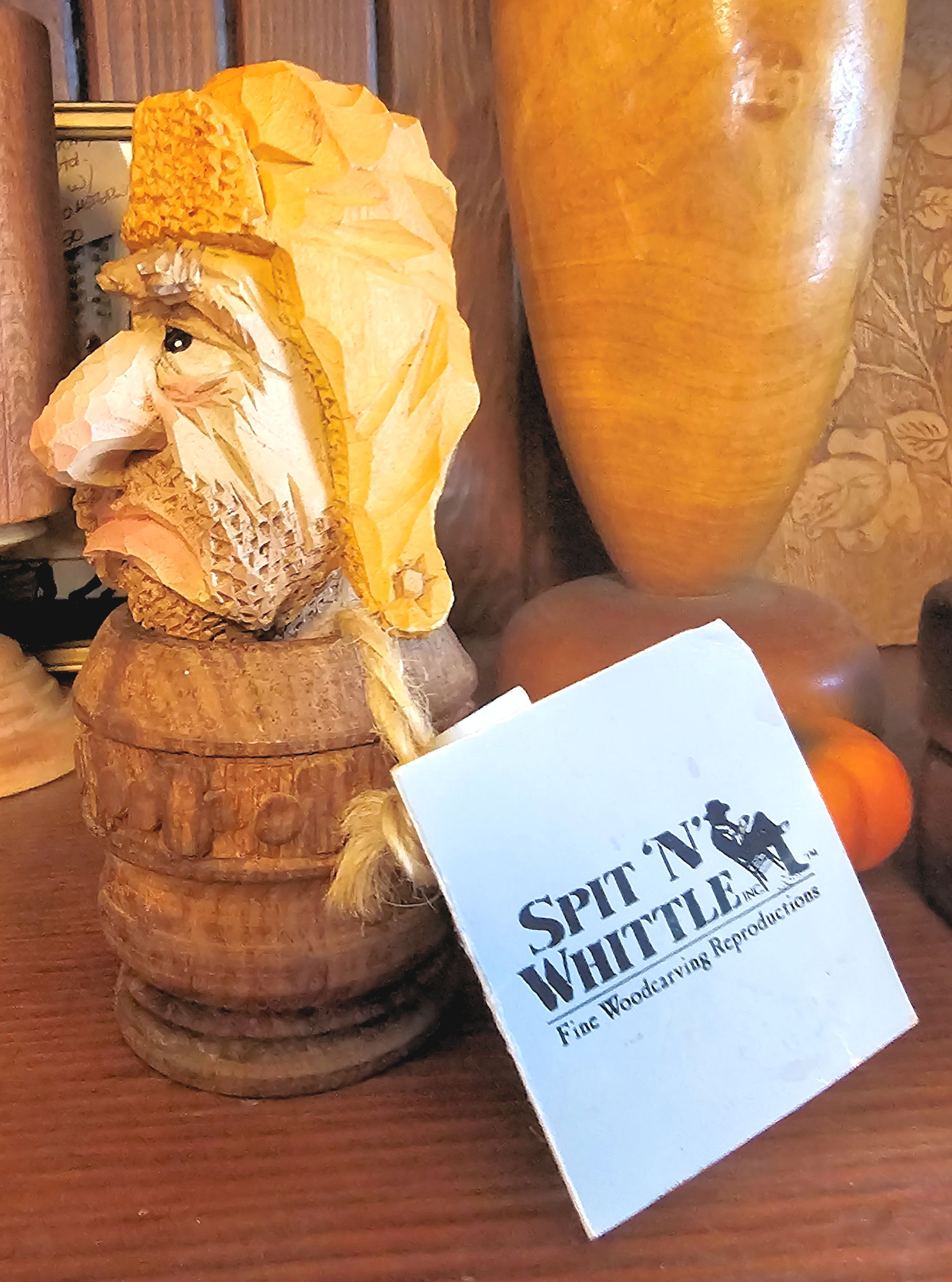 Spit ’N’ Whittle Hand‑Carved Wine Cork Wood Rustic
Barrel‑Head Character, Folk Art