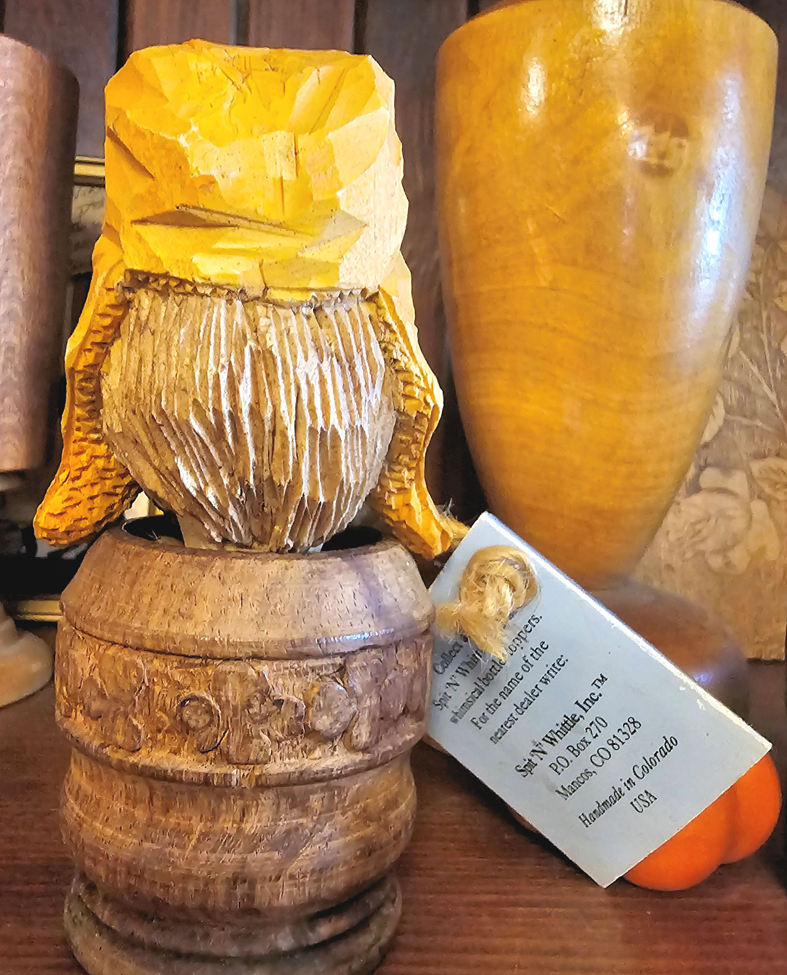 Spit ’N’ Whittle Hand‑Carved Wine Cork Wood Rustic
Barrel‑Head Character, Folk Art