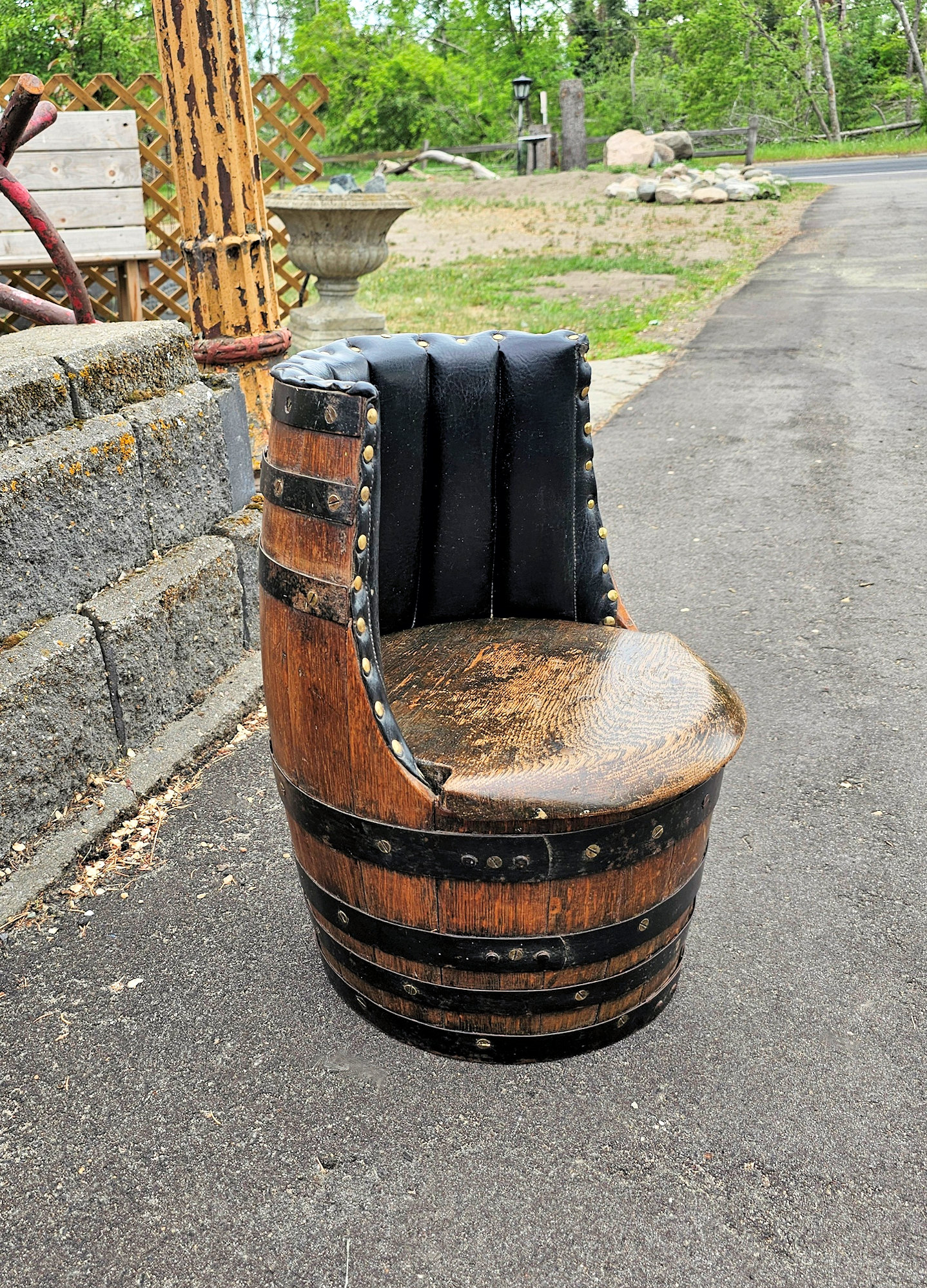 Vintage
Barrel Chair – Rustic Oak & Iron Bands,
Upholstered Backrest, 20" Height