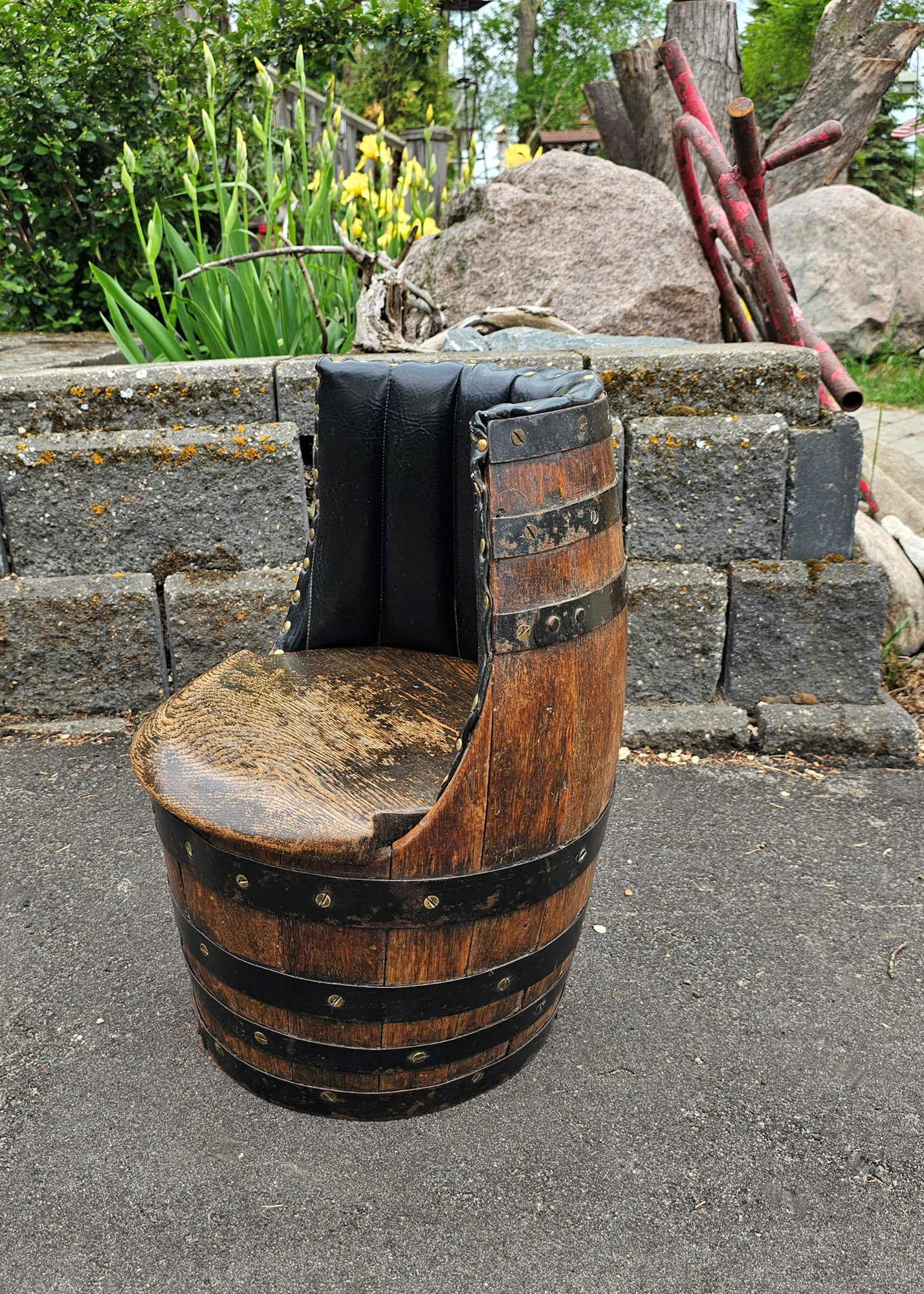 Vintage Barrel Chair – Rustic Oak & Iron Bands,
Upholstered Backrest, 20" Height
