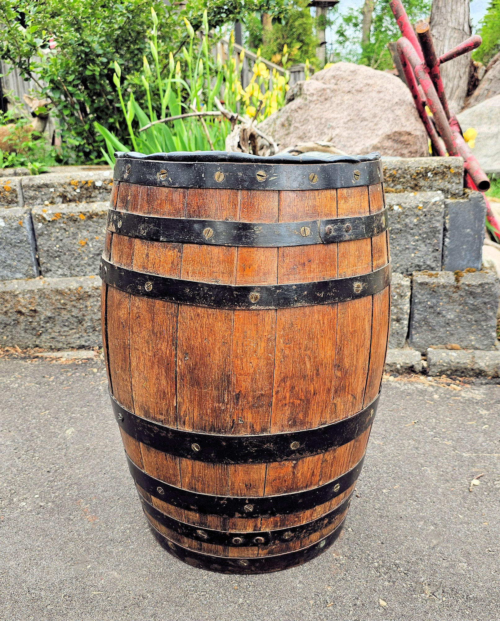 Vintage Barrel Chair – Rustic Oak & Iron Bands,
Upholstered Backrest, 20" Height