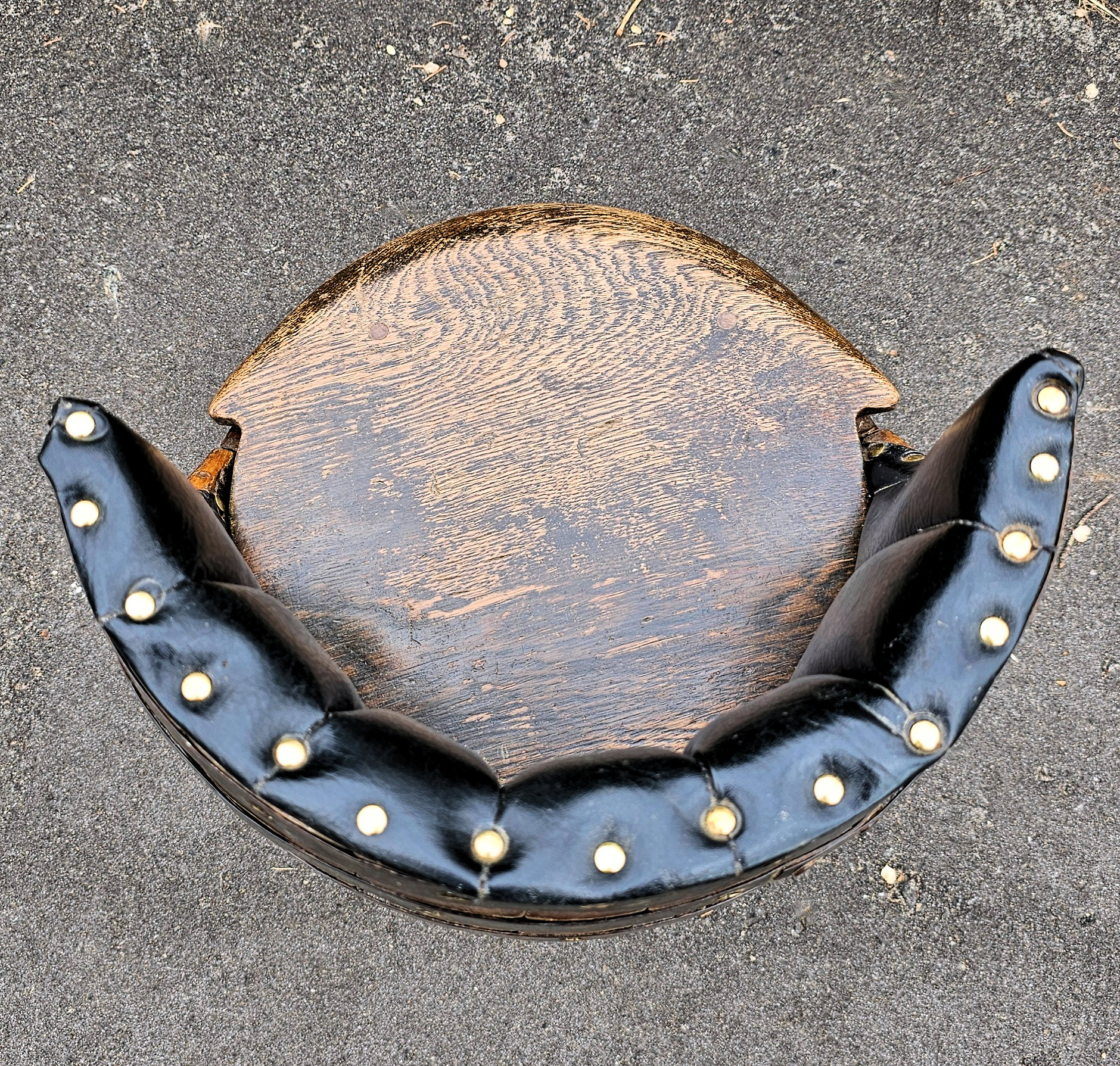 Vintage Barrel Chair – Rustic Oak & Iron Bands,
Upholstered Backrest, 20" Height
