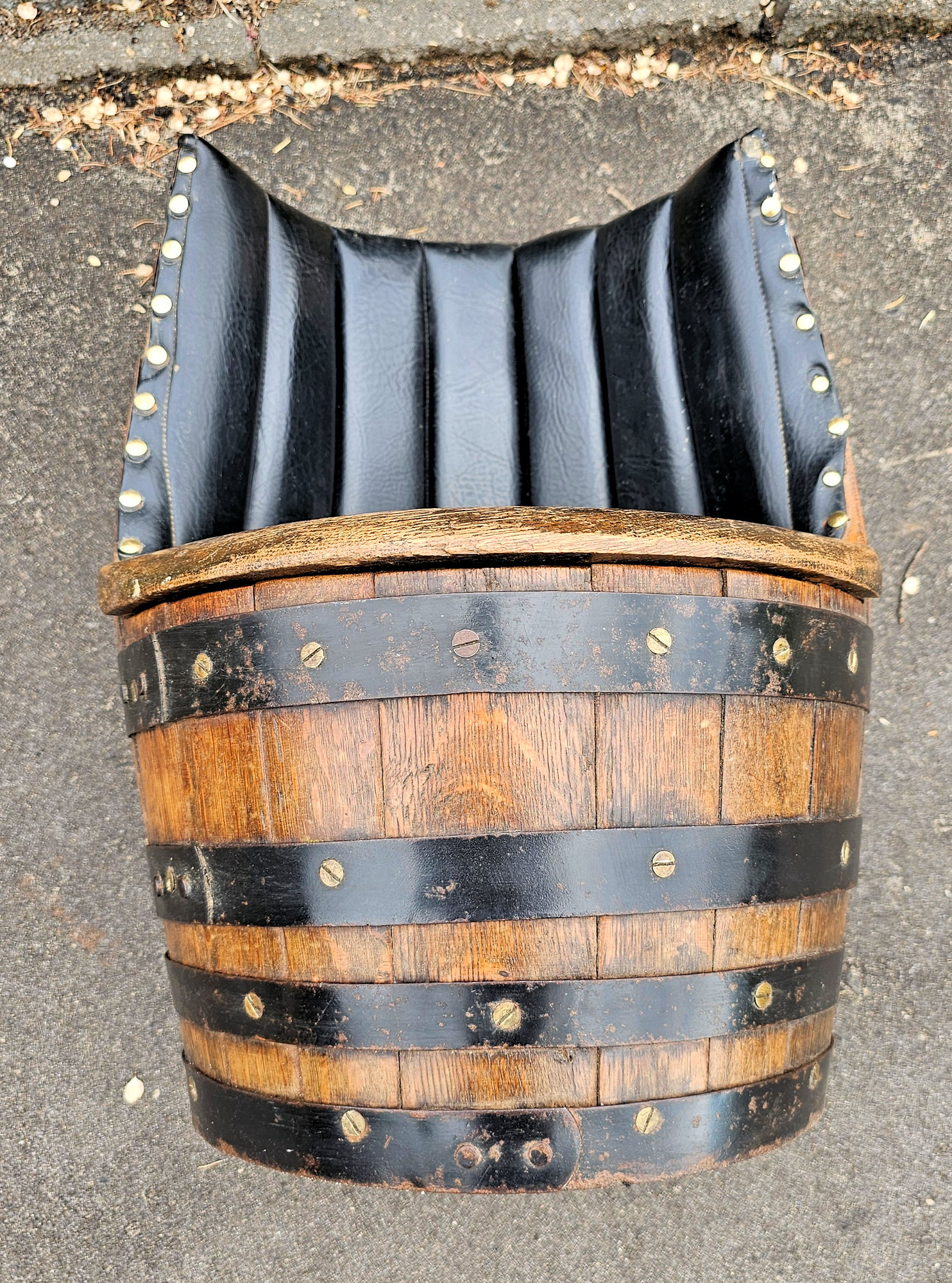 Vintage Barrel Chair – Rustic Oak & Iron Bands,
Upholstered Backrest, 20" Height