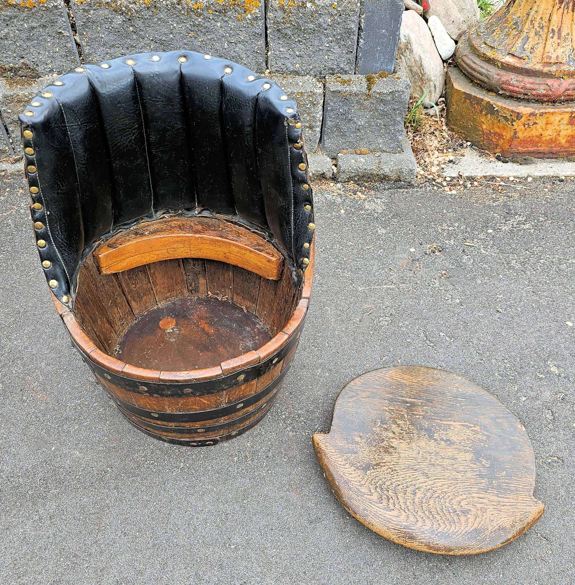 Vintage Barrel Chair – Rustic Oak & Iron Bands,
Upholstered Backrest, 20" Height