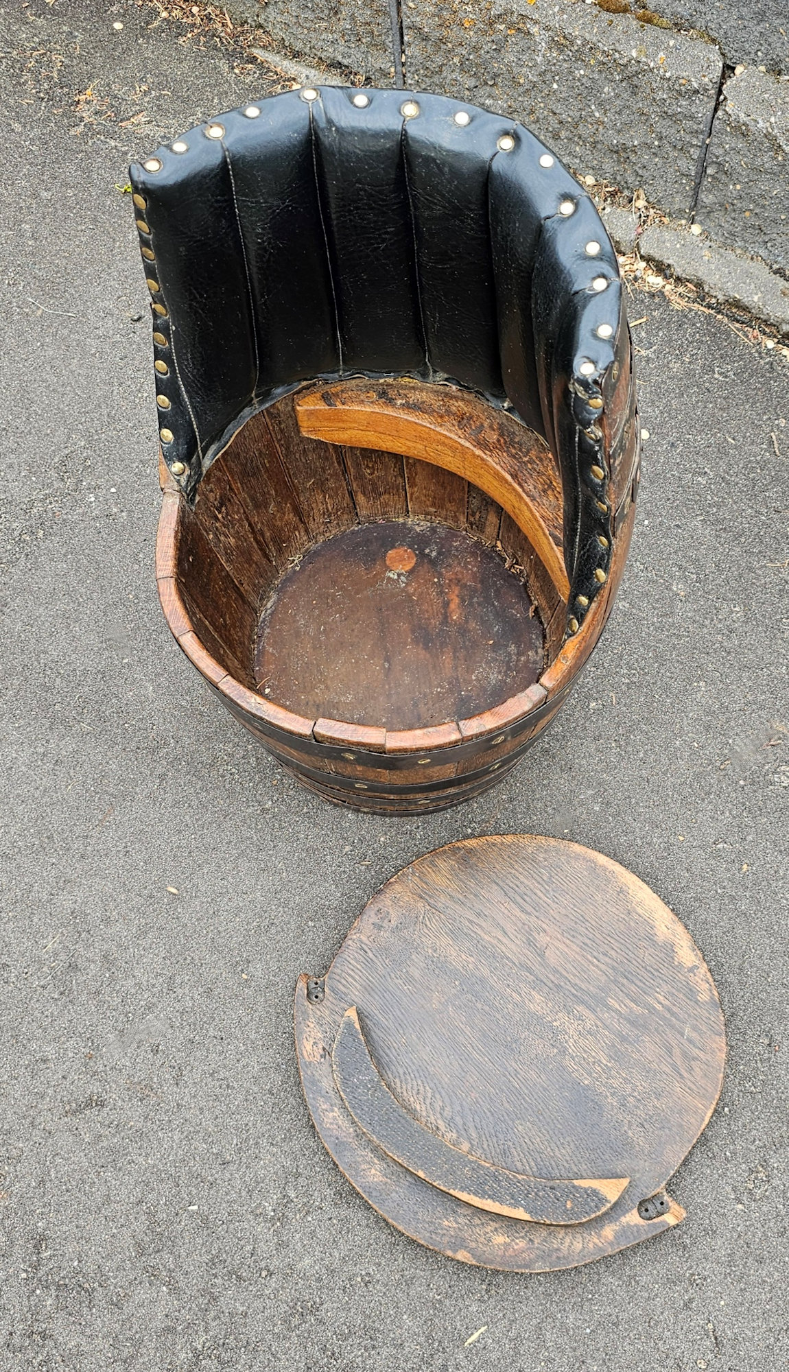 Vintage Barrel Chair – Rustic Oak & Iron Bands,
Upholstered Backrest, 20" Height