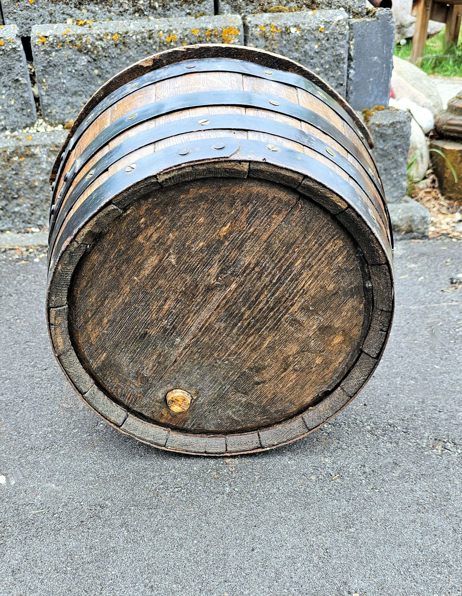 Vintage Barrel Chair – Rustic Oak & Iron Bands,
Upholstered Backrest, 20" Height