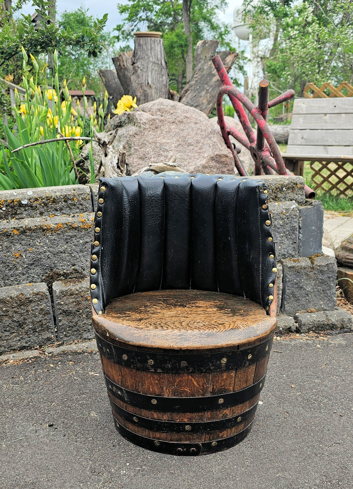 Vintage Barrel Chair – Rustic Oak & Iron Bands,
Upholstered Backrest, 20" Height