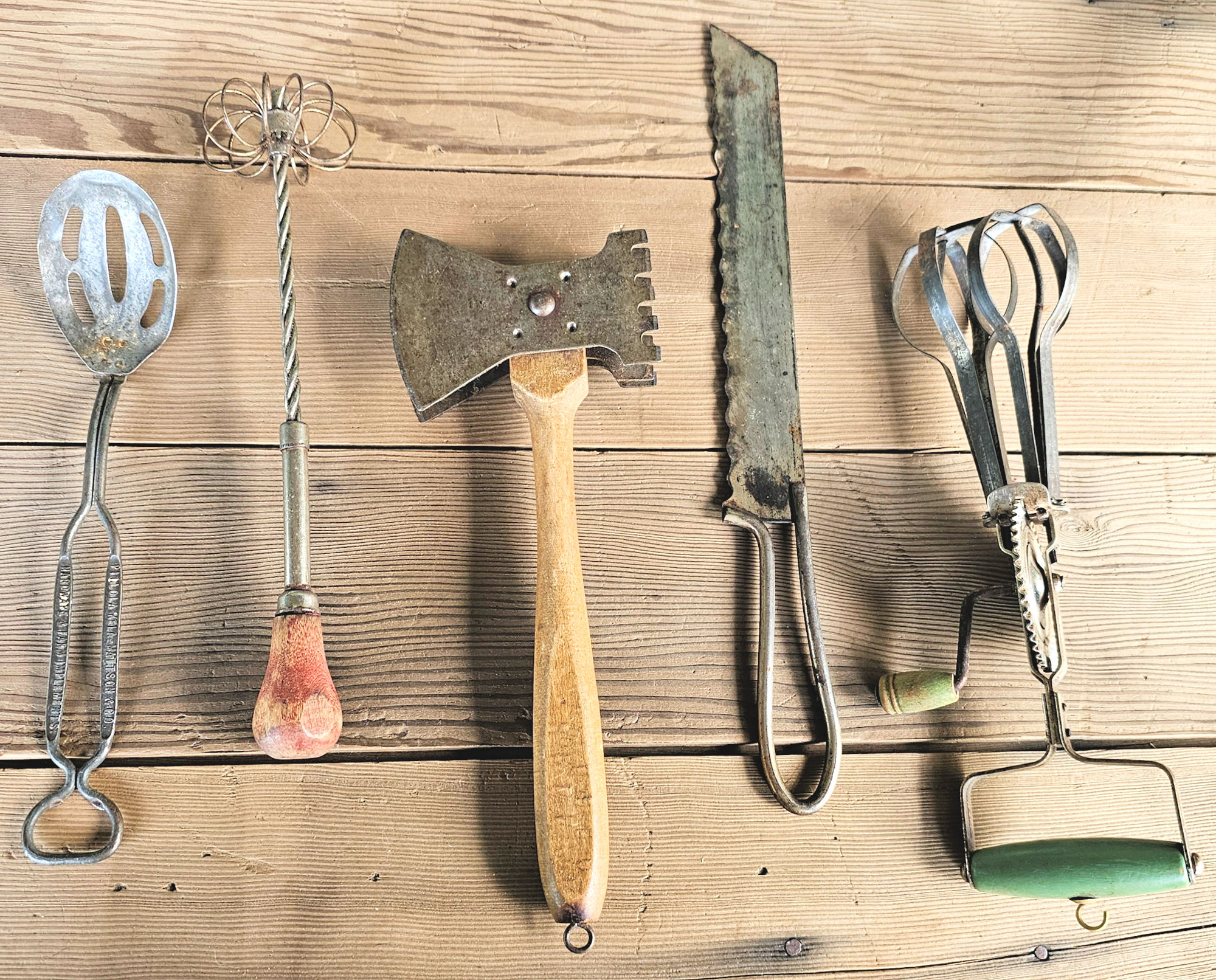 Primitive
                        Utensils Collection Kitchen Tool Set - Beater,
                        Whisk, Knife, Axe