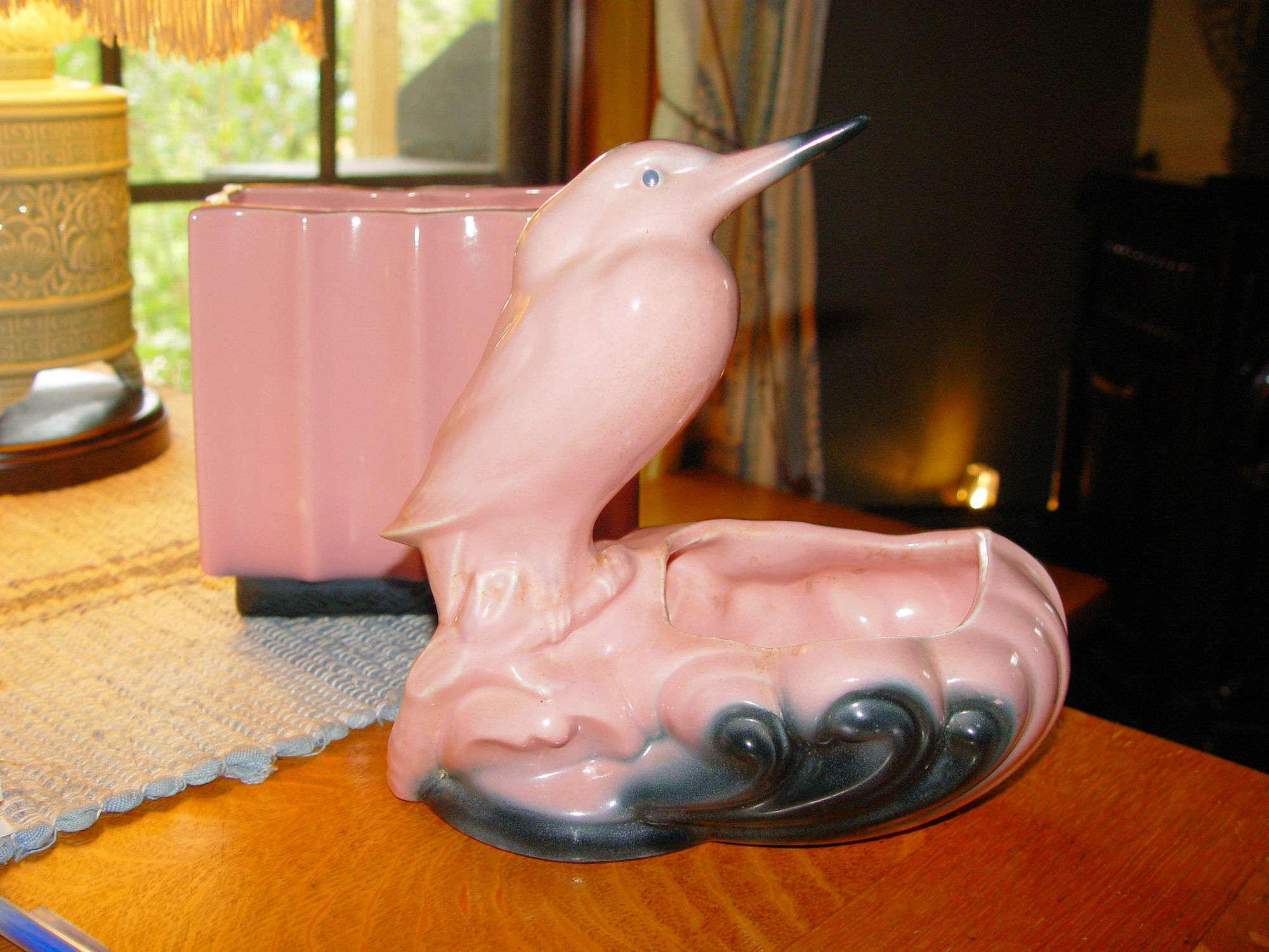 Mid‑century pink / black
                                        pottery pair - Crane or
                                        Sandpiper Bird Planter &
                                        Fluted Deep Vase