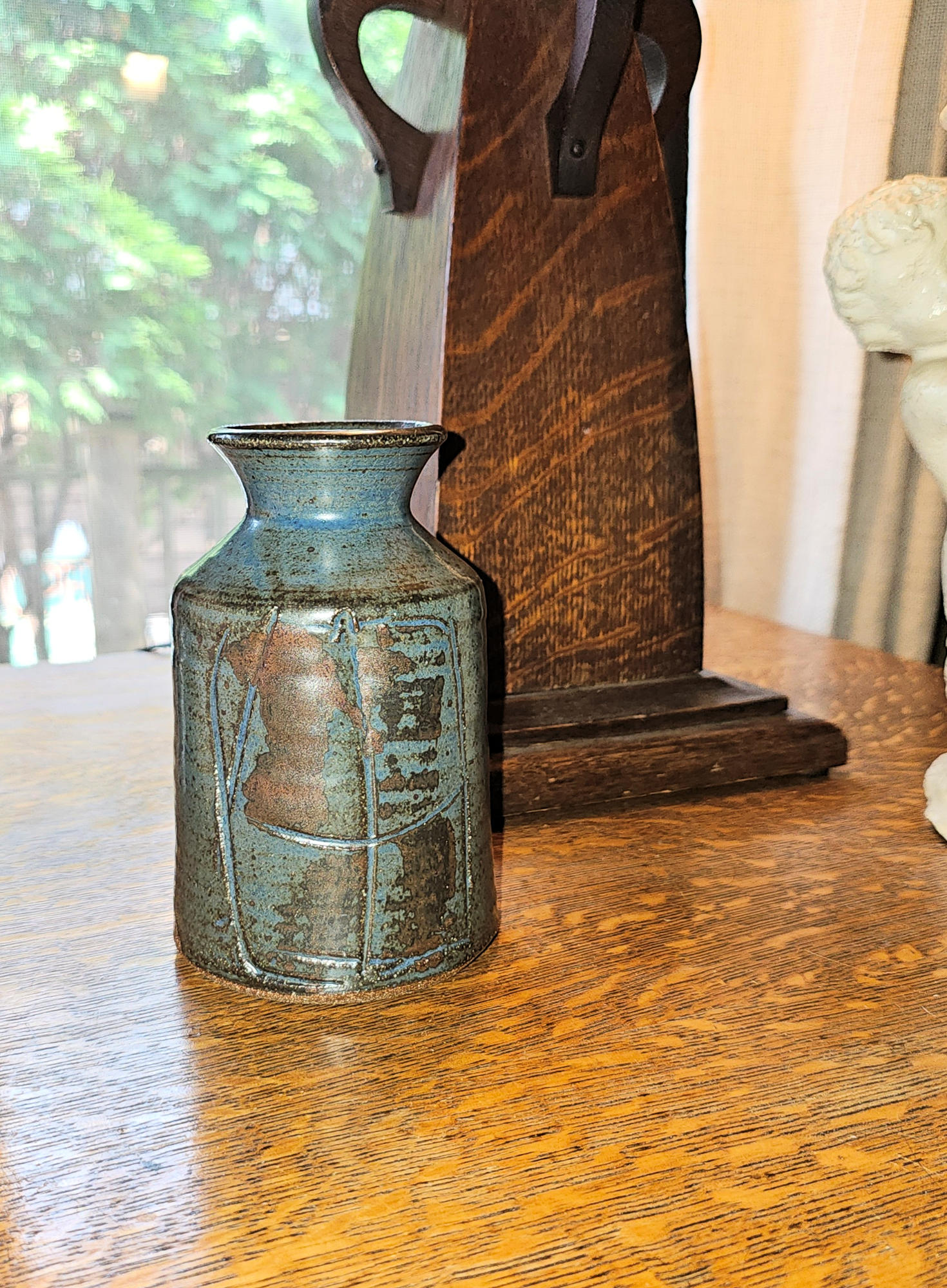Mid-West Studio Stoneware
                                        Vase, Iron Glaze, Abstract Slip
                                        Design (Mid‑Century Influence)
