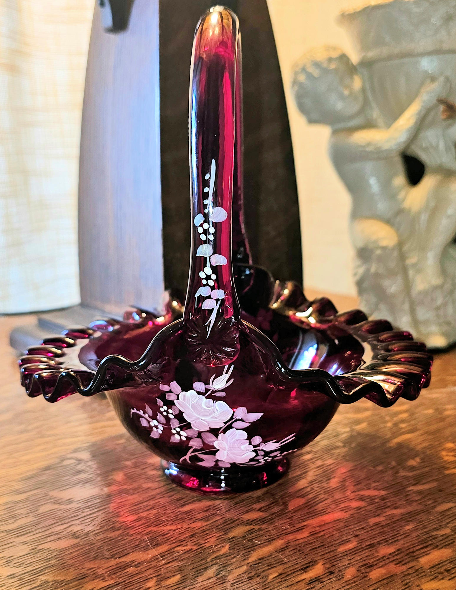 Vintage Fenton Ruby Red
                                          Art Glass Basket Hand Painted
                                          White Roses Signed B.
                                          Thornton