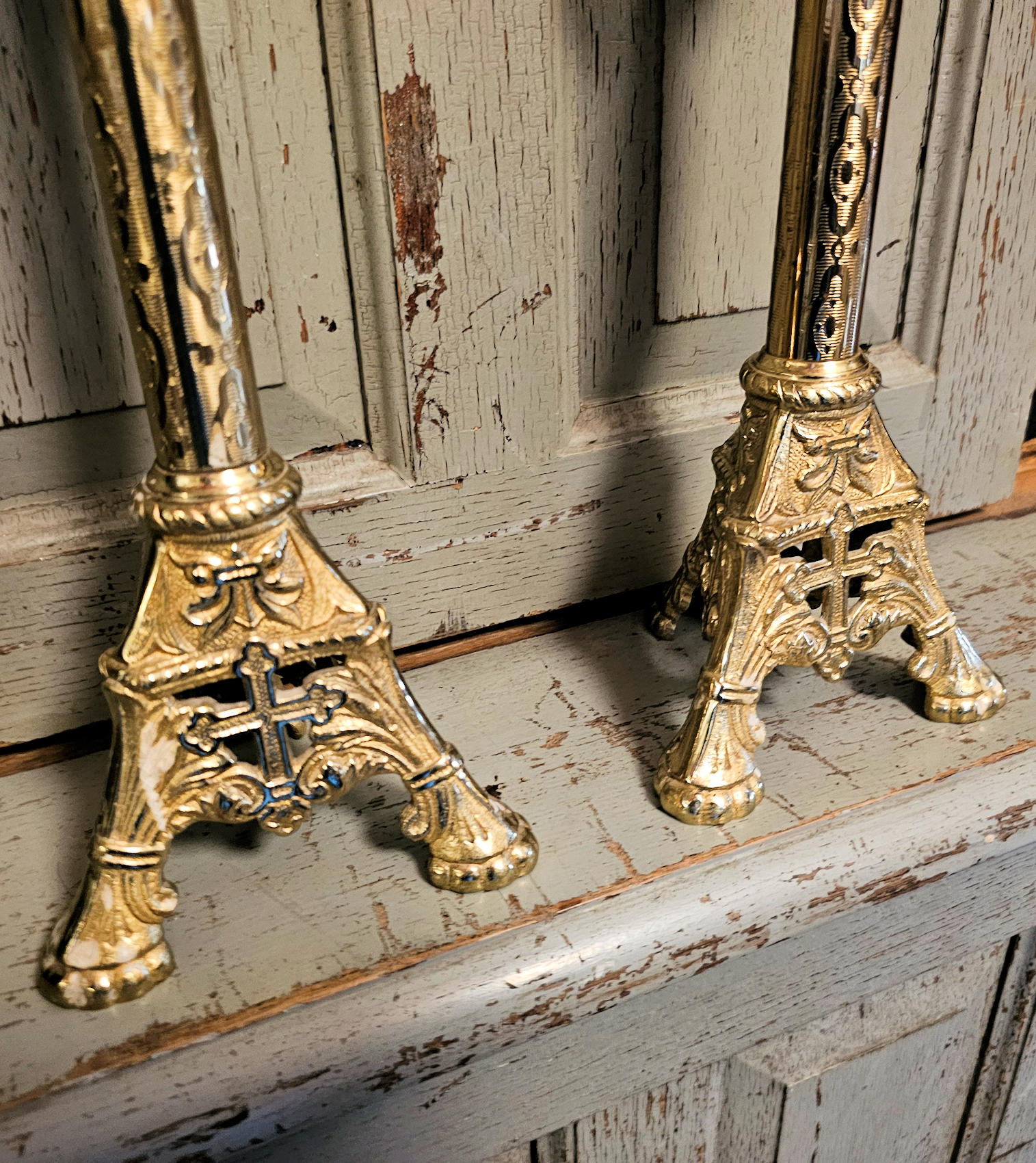 Original Brass Gothic Revival Church Altar
Candlesticks 19.25" tall
