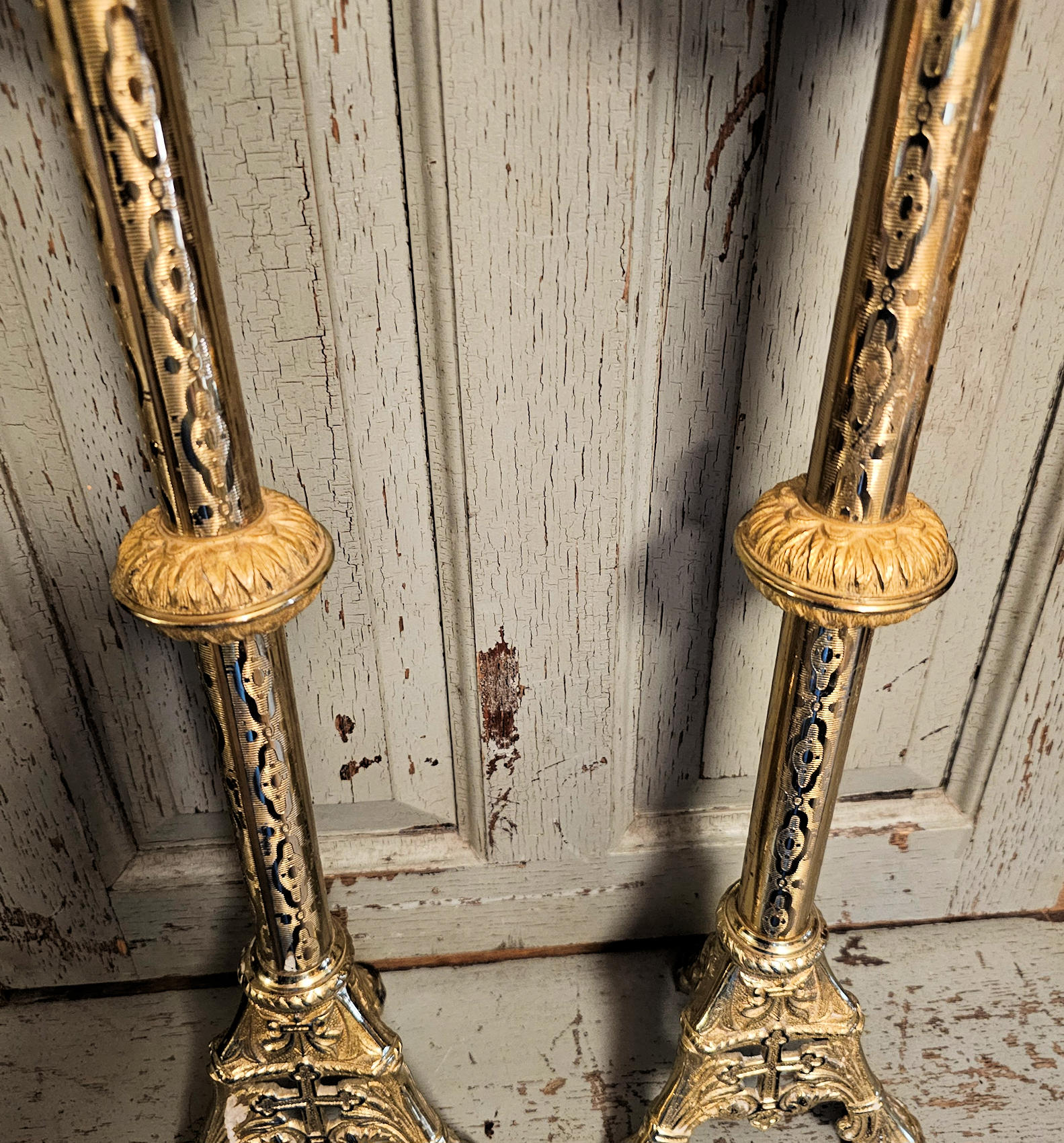 Original Brass Gothic Revival Church Altar
Candlesticks 19.25" tall