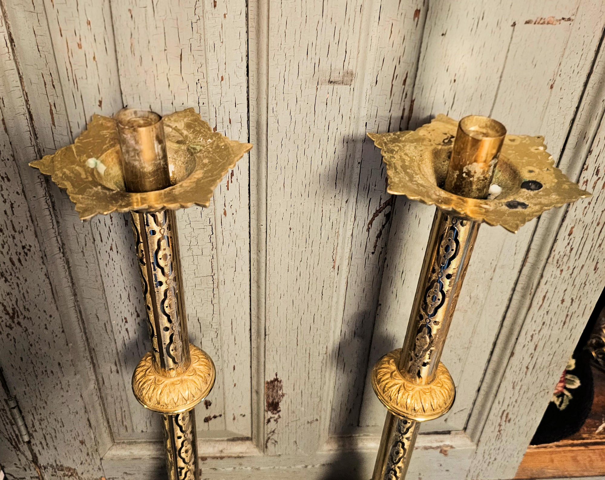 Original Brass Gothic Revival Church Altar
Candlesticks 19.25" tall
