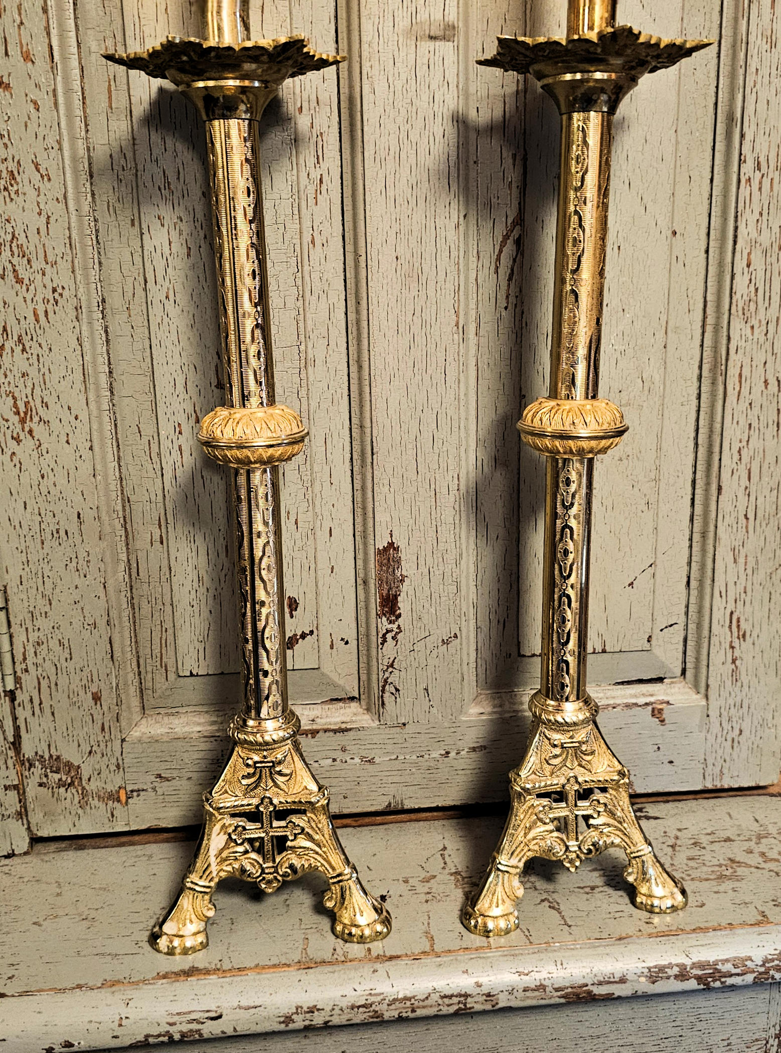 Original Brass Gothic Revival Church Altar
Candlesticks 19.25" tall