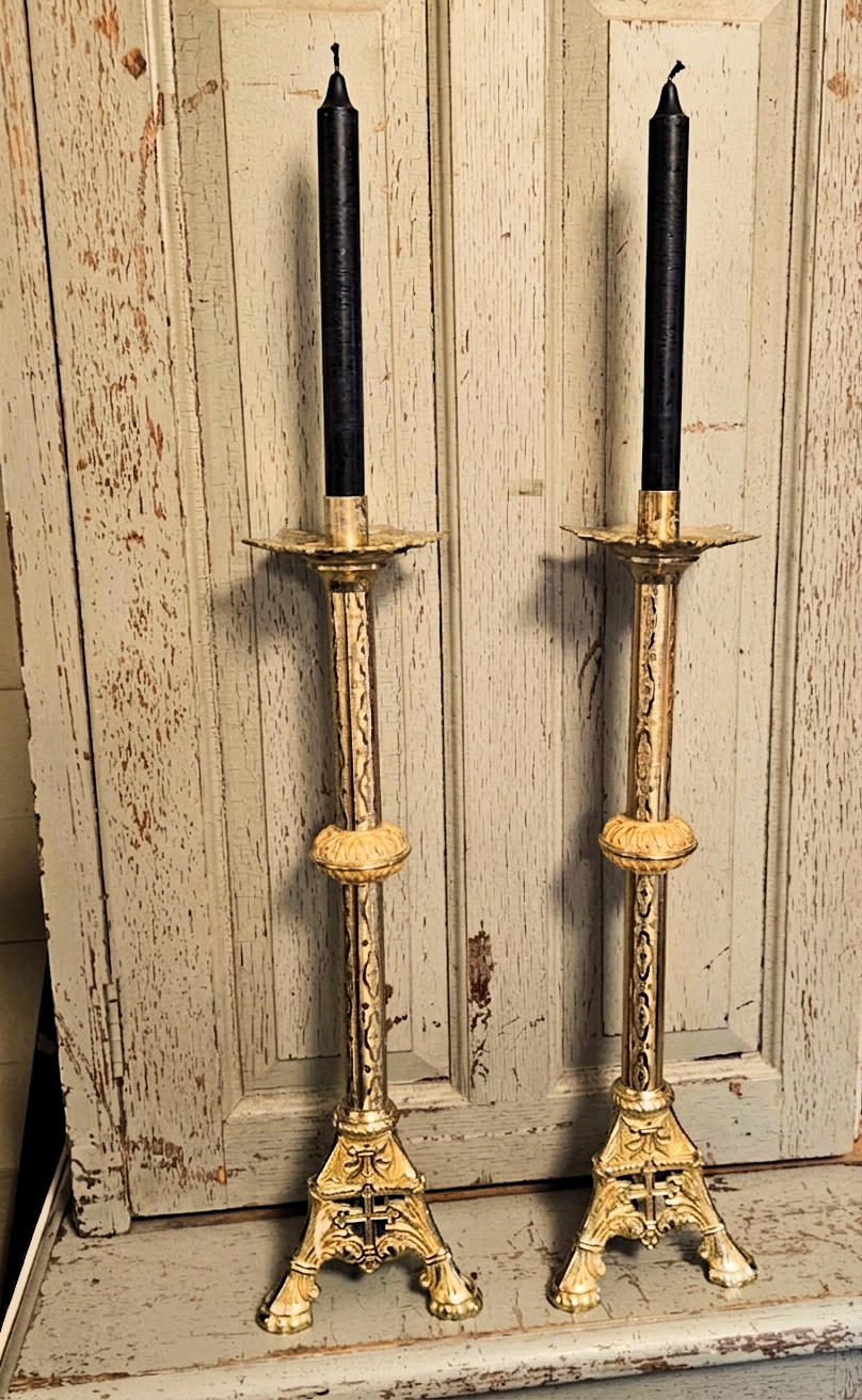 Original Brass Gothic Revival Church Altar
Candlesticks 19.25" tall
