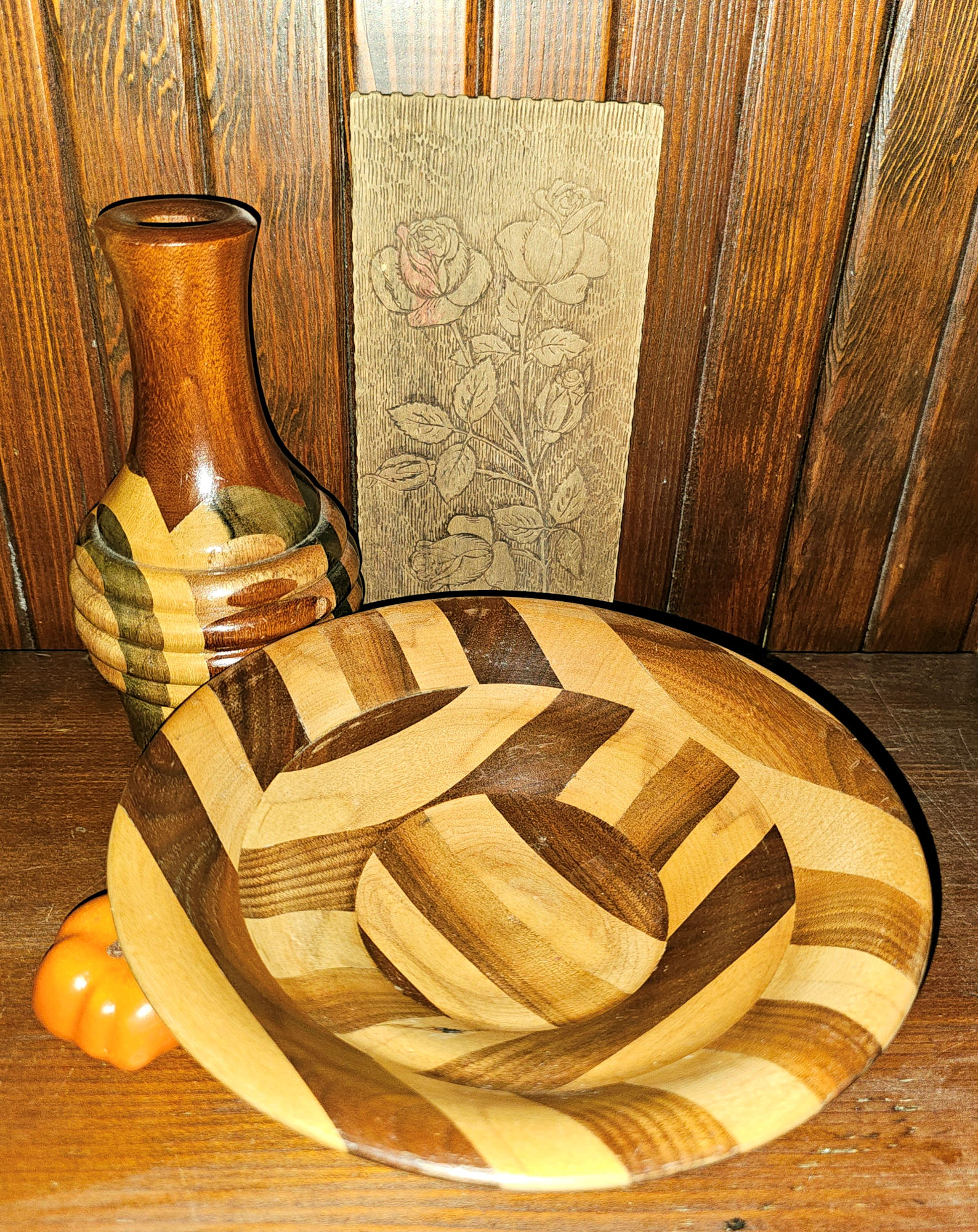 2-Pc Vtg Hand-Turned Segmented Wooden Set -
Matching Mosaic Hardwood Bowl & Vase