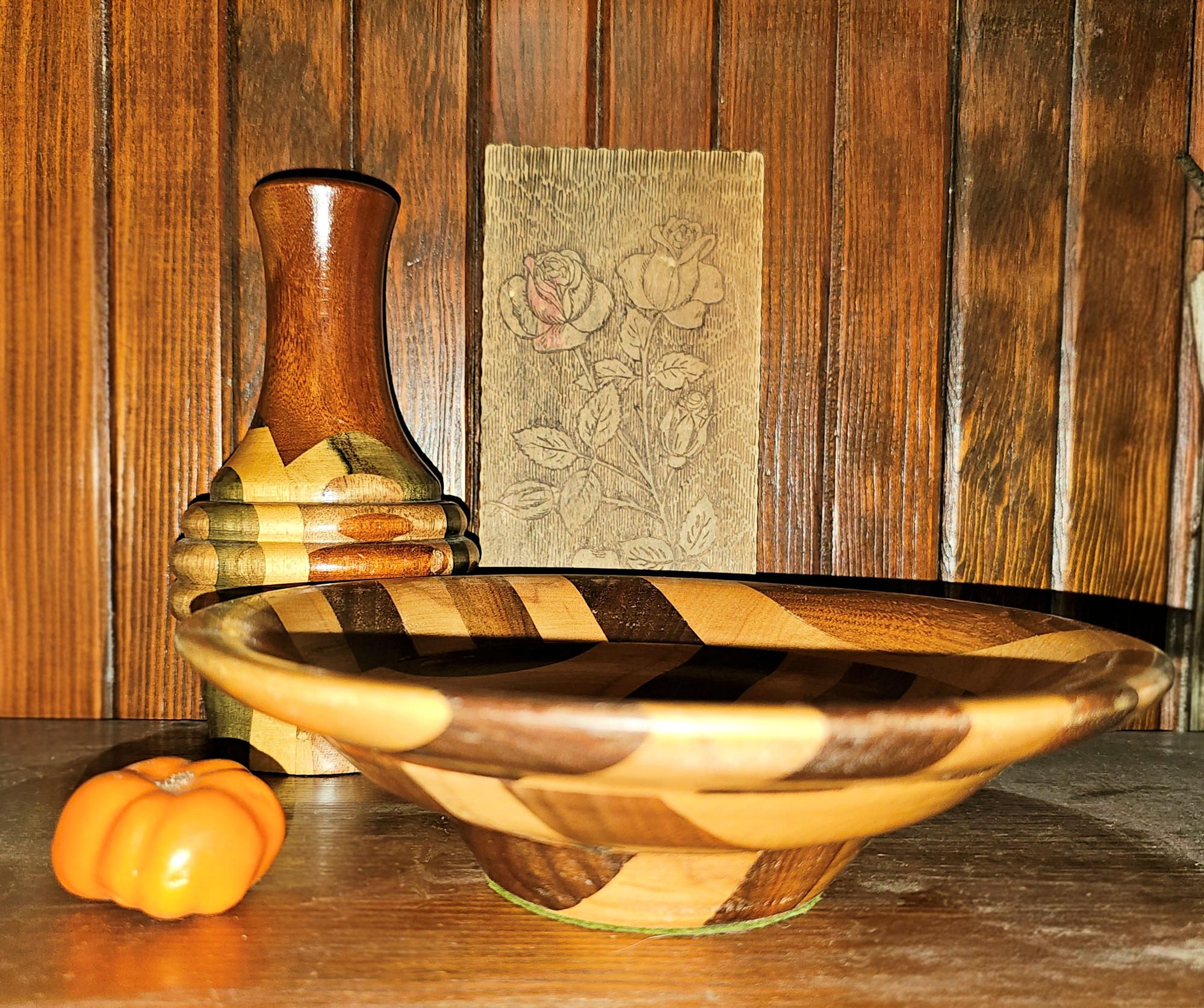 2-Pc Vtg Hand-Turned Segmented Wooden Set -
Matching Mosaic Hardwood Bowl & Vase