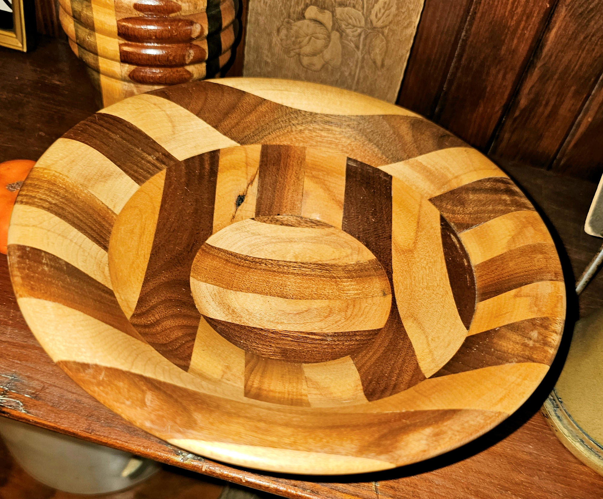 2-Pc Vtg Hand-Turned Segmented Wooden Set -
Matching Mosaic Hardwood Bowl & Vase